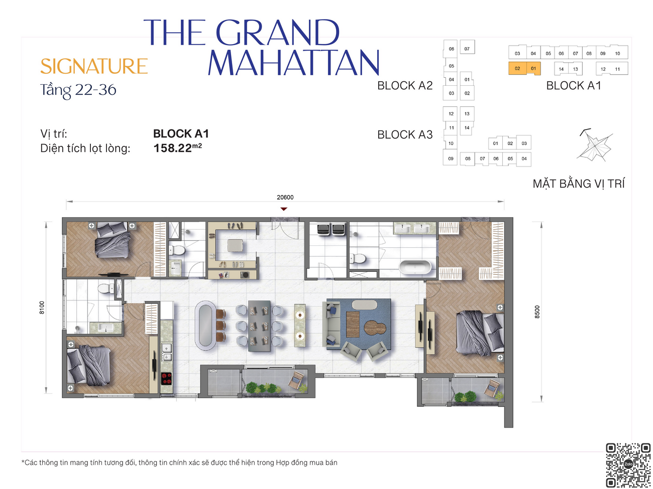 Mặt bằng chi tiết căn hộ Signatute tầng 22-36 diện tích 158.22 m²
