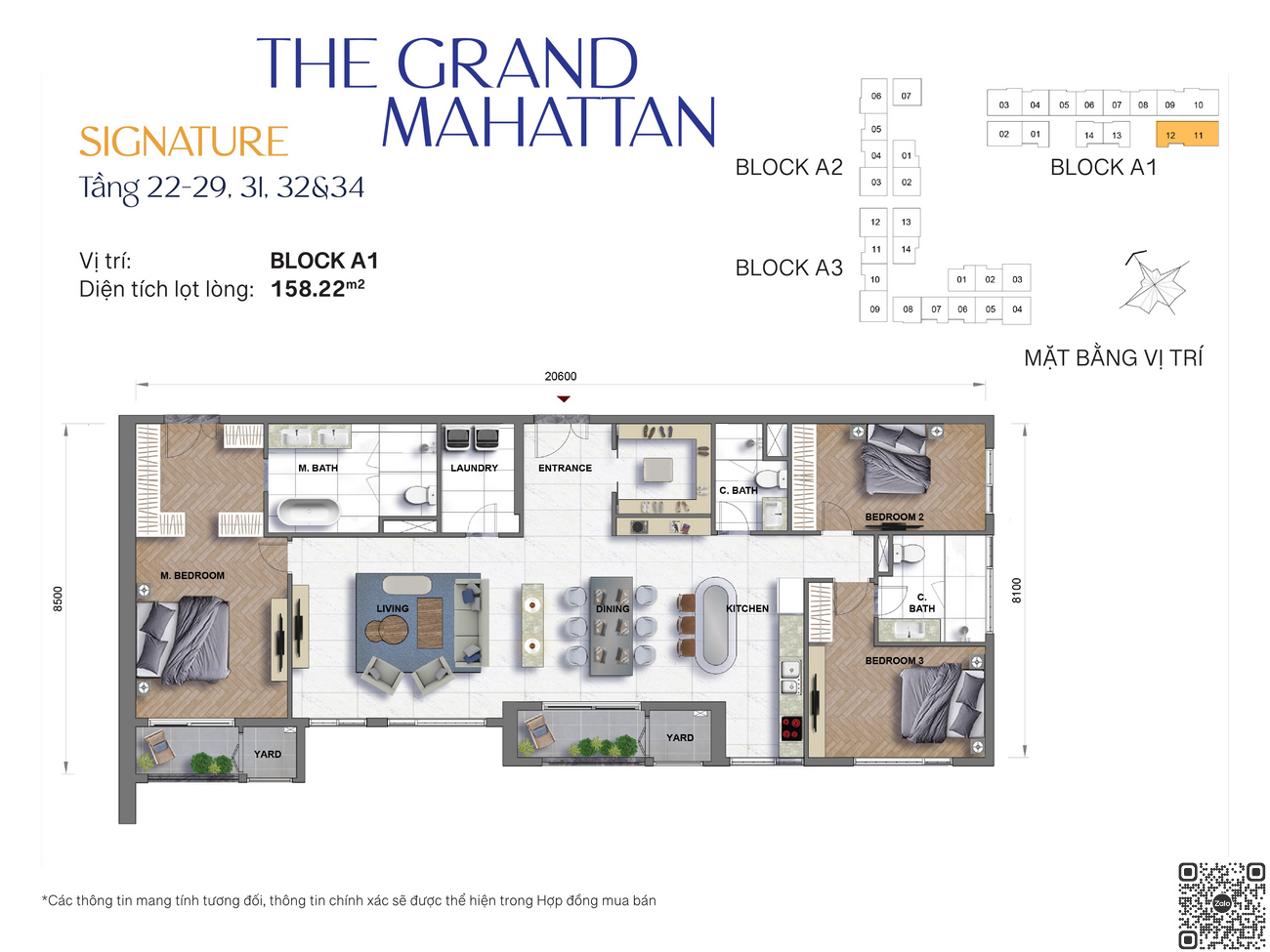 Mặt bằng chi tiết căn hộ Signatute tầng 22-29,31,32,34 diện tích 158.22 m²
