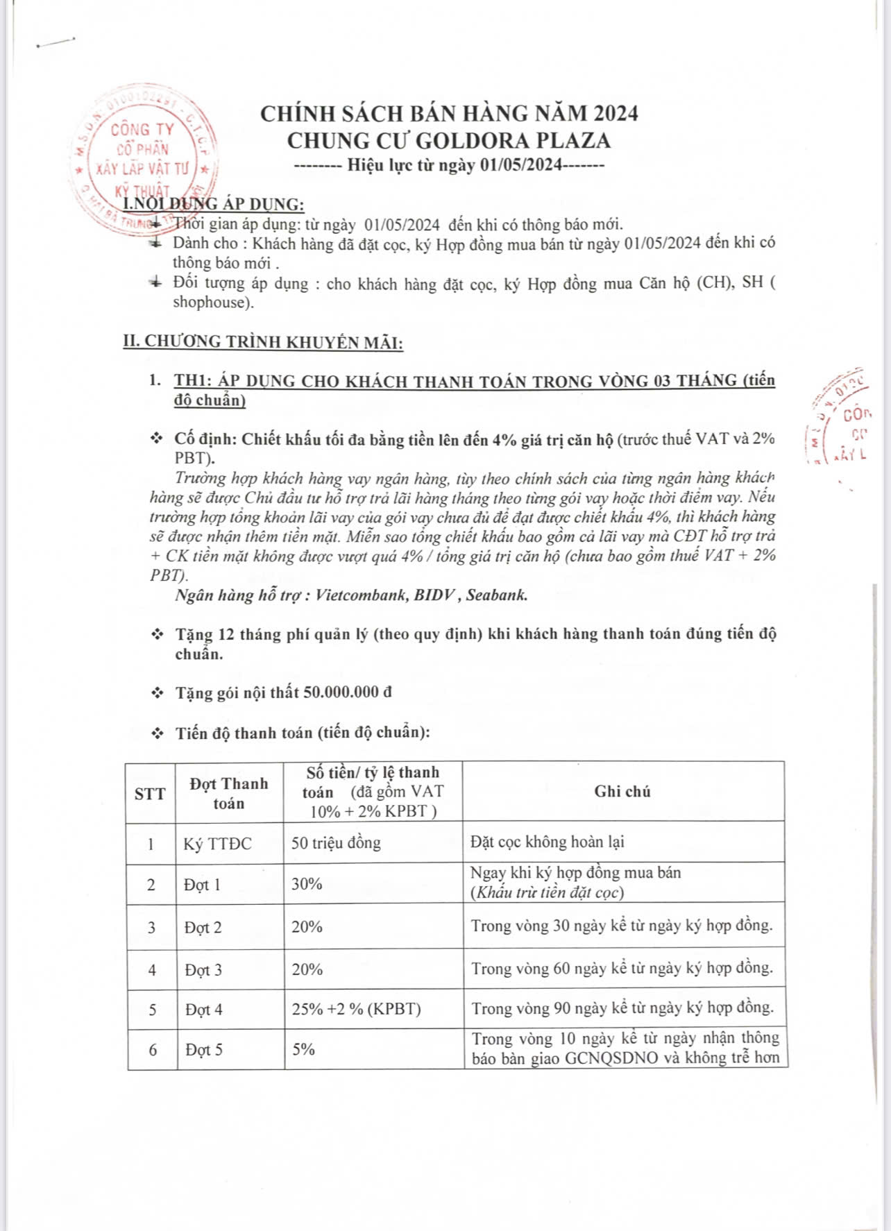 Lịch thanh toán và ưu đãi mua căn hộ Goldora Plaza Nhà Bè