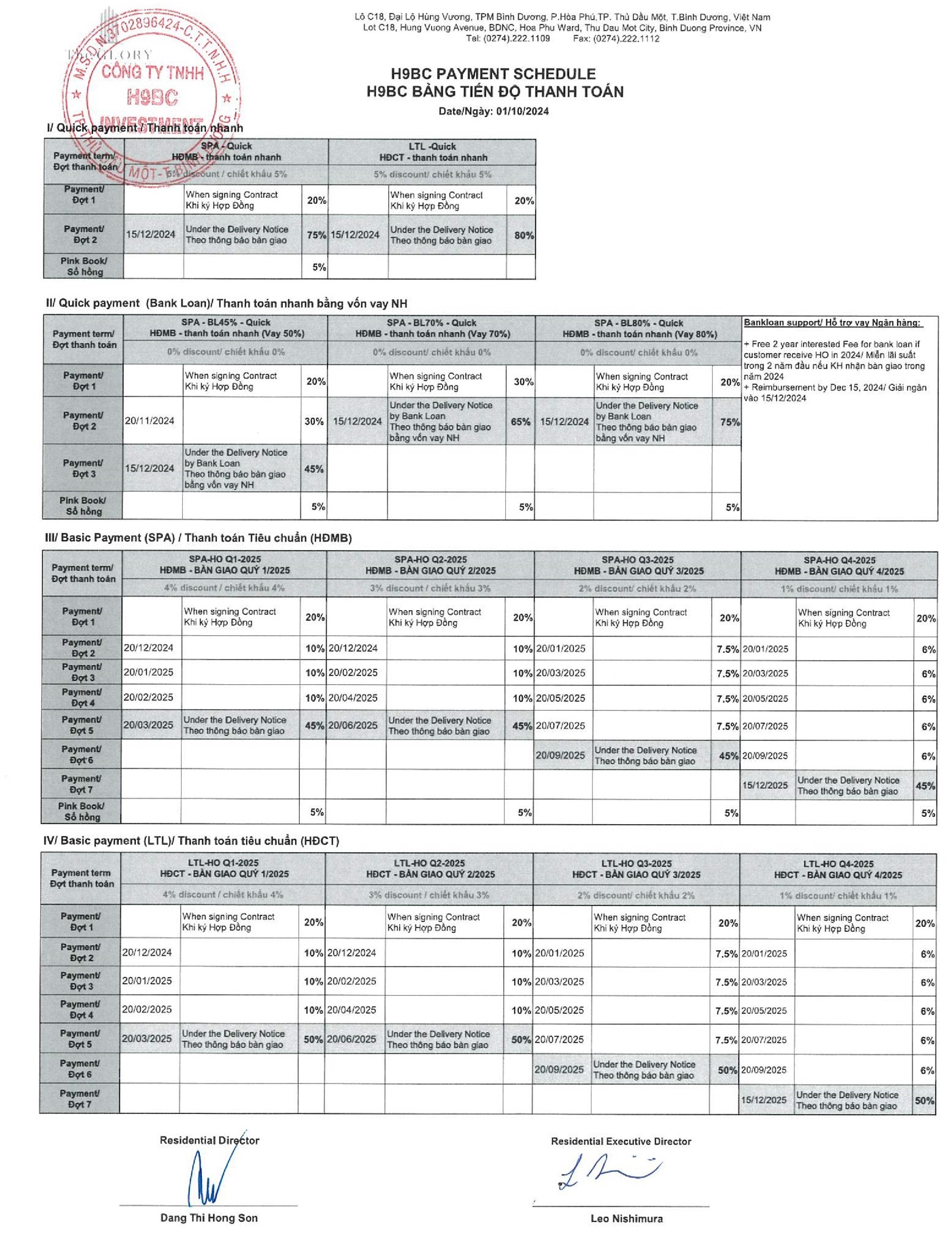 Chính sách thanh toán căn hộ Midori The Glory