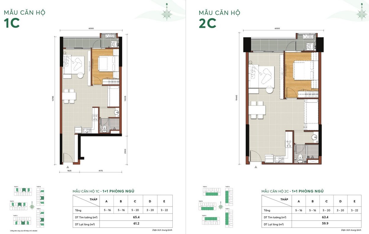 Thiết kế chi tiết mẫu căn hộ 1C và 2C với 1 phòng ngủ dự án căn hộ chung cư MT Eastmark City Quận 9 chủ đầu tư Điền Phúc Thành