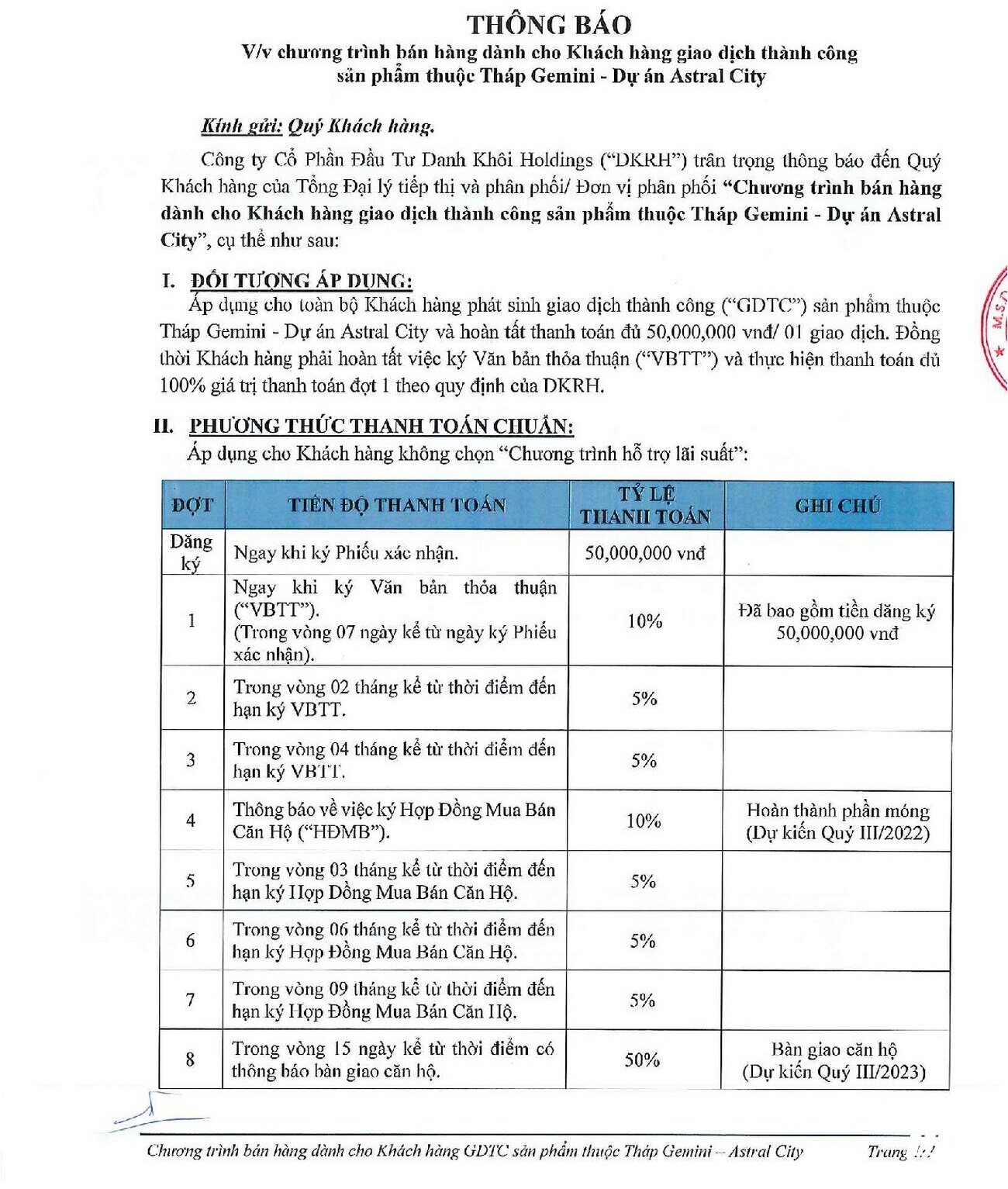 Phương thức thanh toán dự án căn hộ chung cư Astral City Thuận An Đường Quốc lộ 13 chủ đầu tư Phát Đạt Group