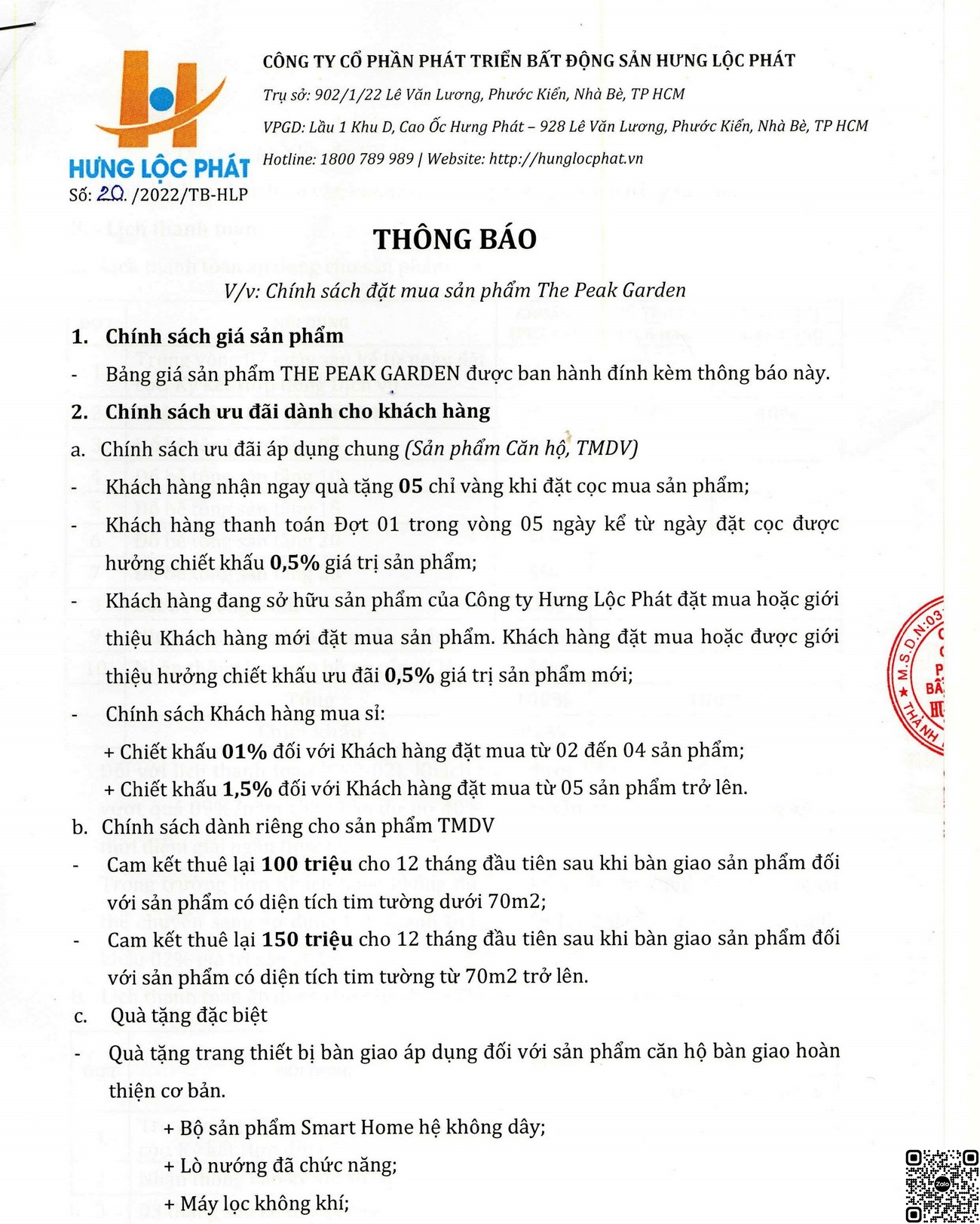 Chính sách thanh toán dự án The Peak Garden Quận 7