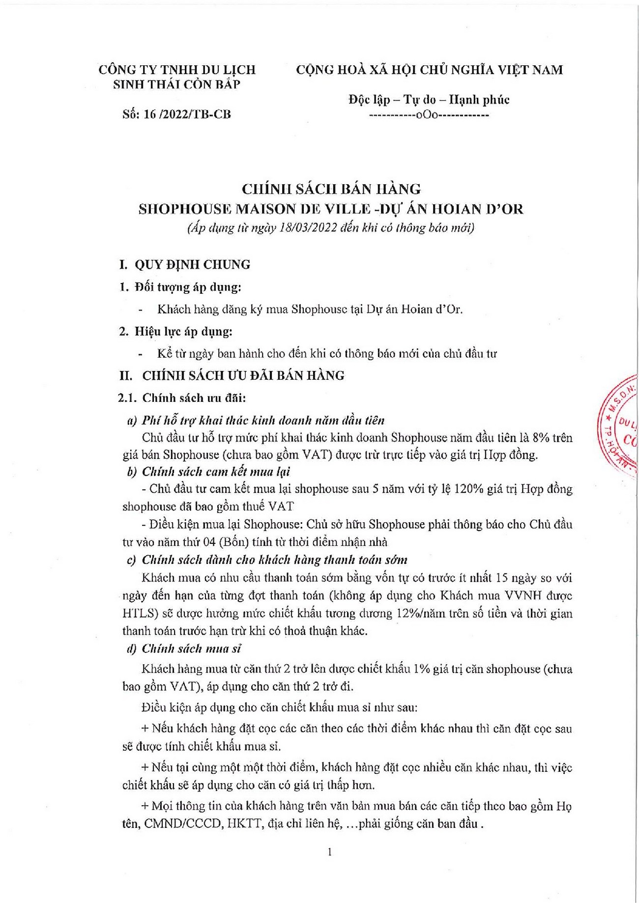 Chính sách ưu đãi cho khách hàng khi mua dự án Hội An D’or Quảng Nam
