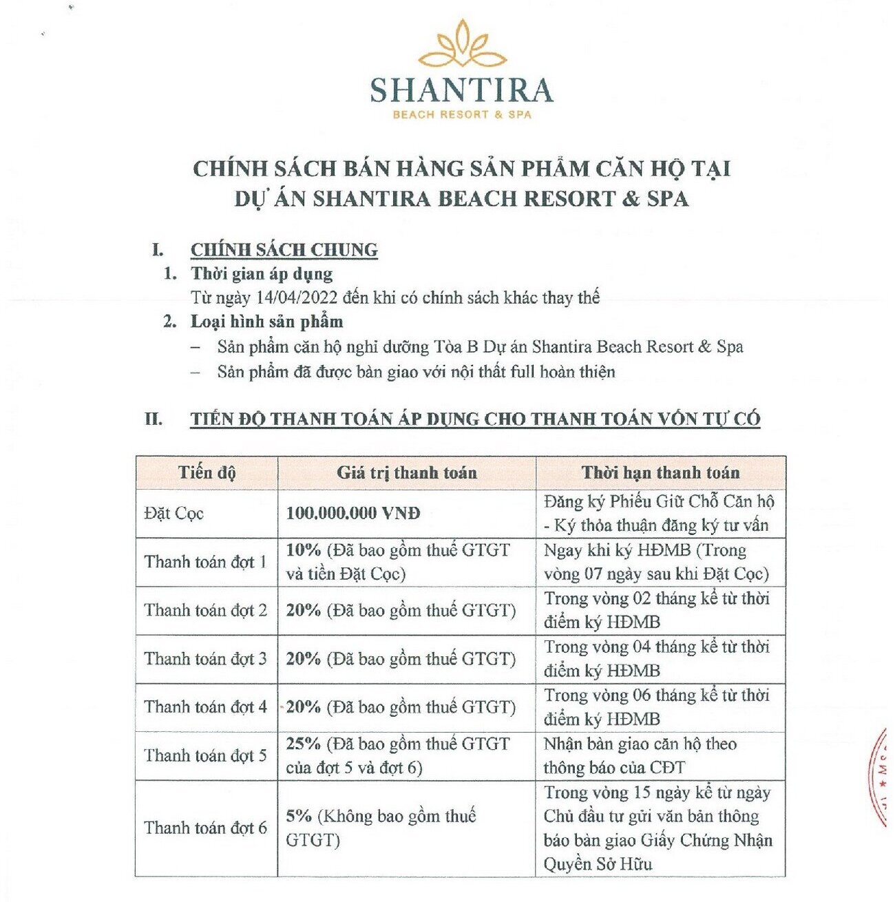 Chính sách thanh toán condotel Shantira Hội An