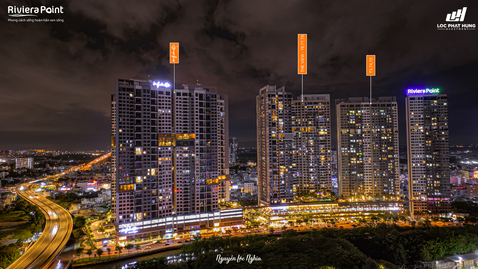 Toàn cảnh về đêm các tháp căn hộ The Infiniti, The View dự án Riviera Point Quận 7