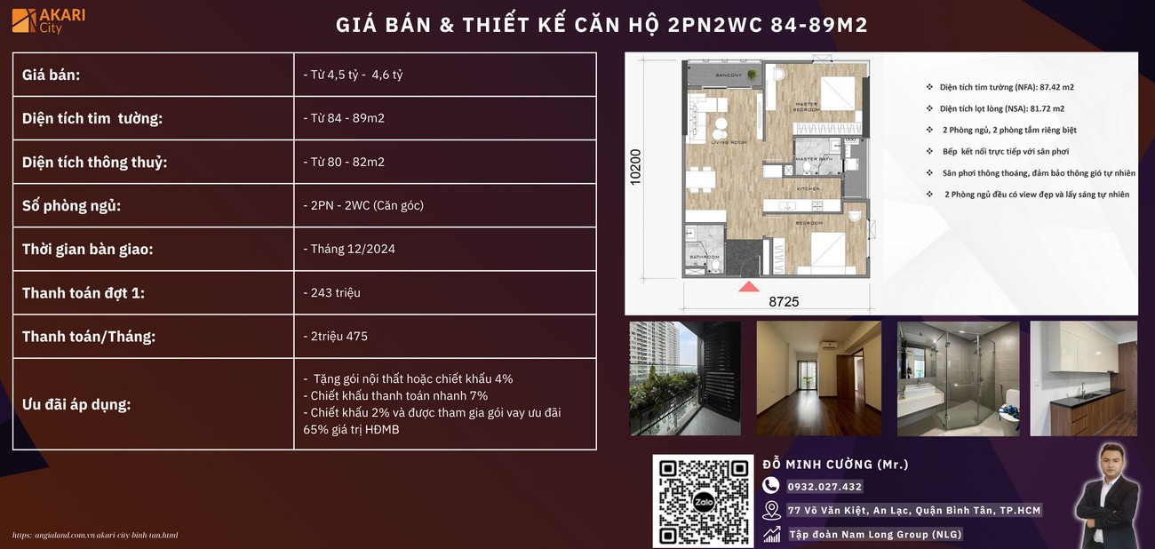 Giá bán căn hộ 2PN2WC 82-84m2 chung cư Akari City Chủ Đầu Tư Nam Long