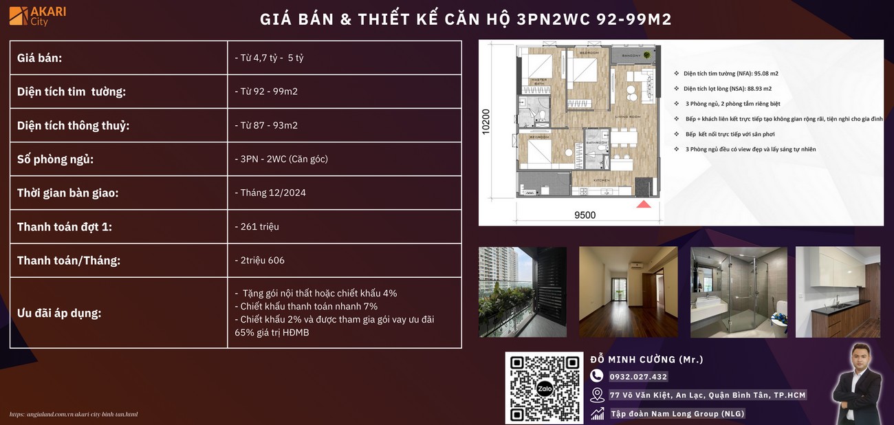 Giá bán căn hộ 3PN2WC 92-99m2 chung cư Akari City Chủ Đầu Tư Nam Long