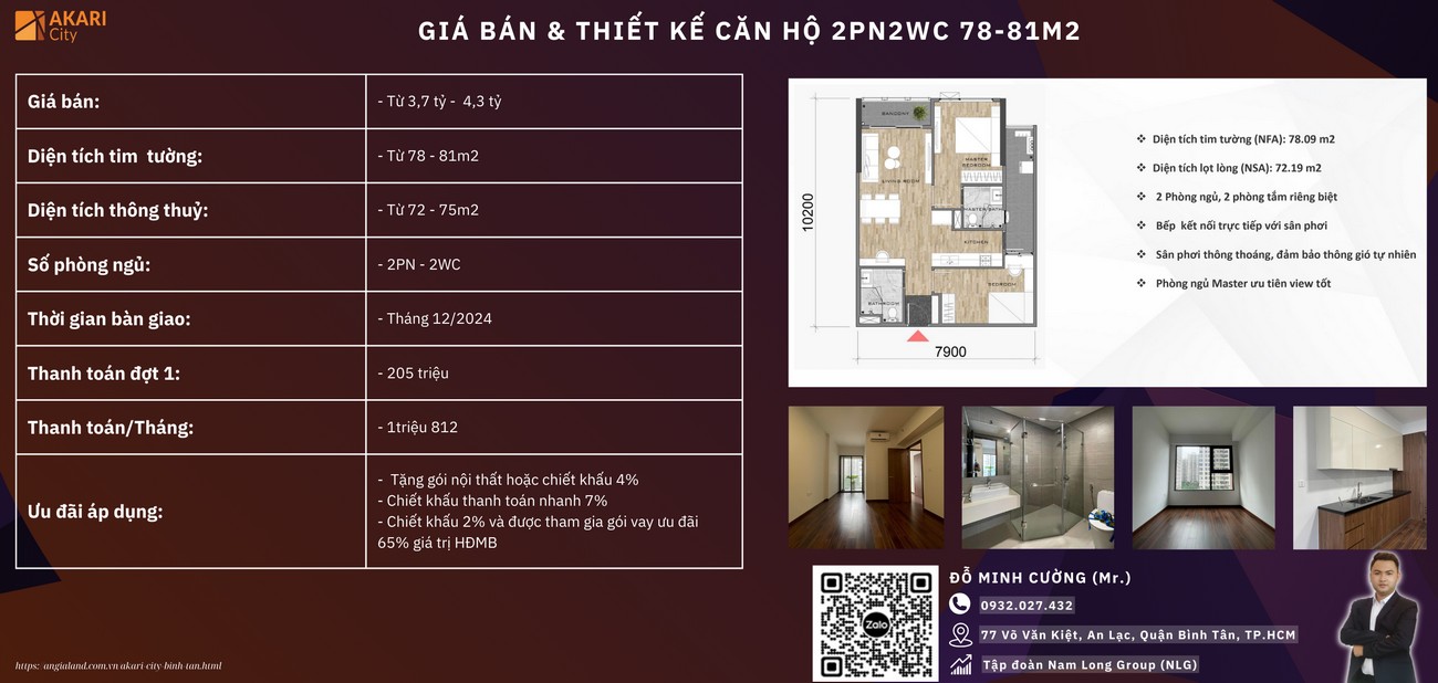 Giá bán căn hộ 2PN2WC Akari City Chủ Đầu Tư Nam Long