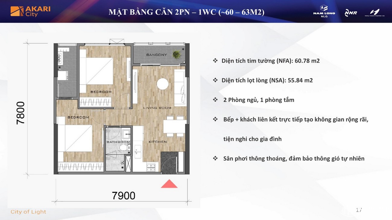 Thiết kế căn hộ 2PN - 1WC diện tích 60-63m²