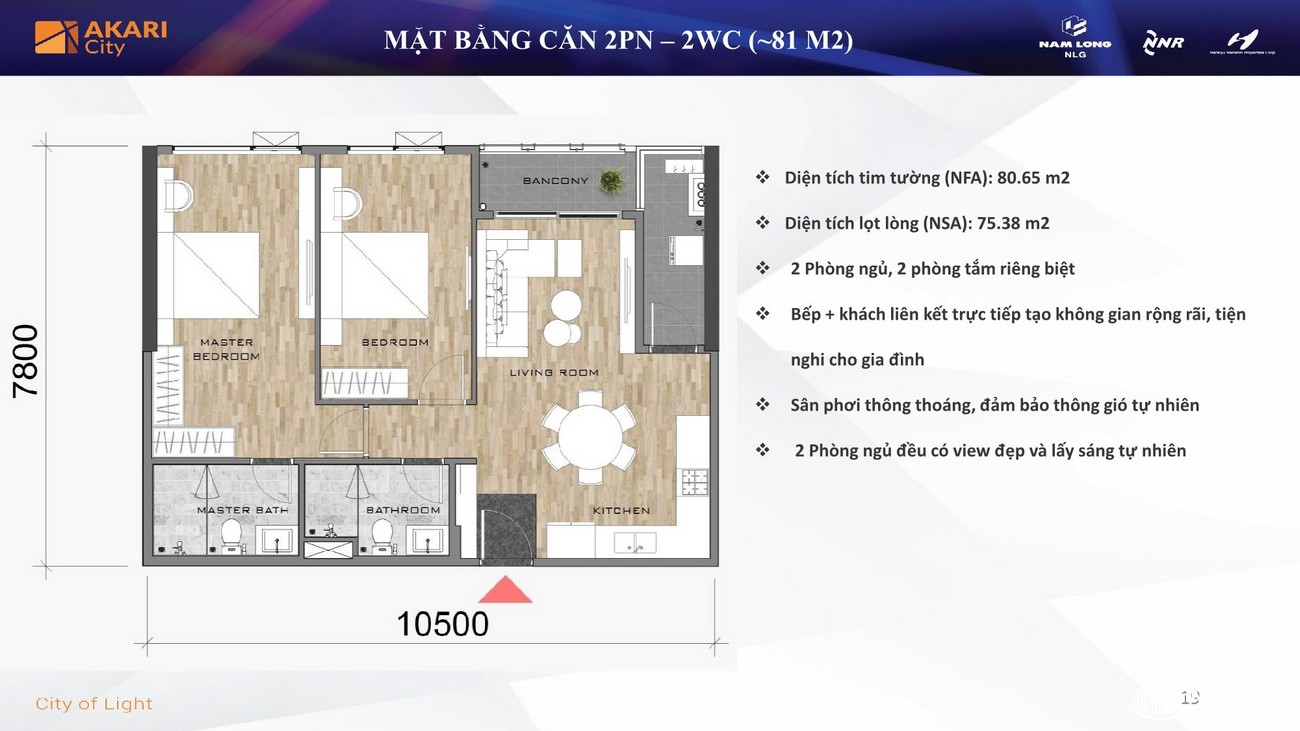 Thiết kế căn hộ 2PN - 2WC diện tích 81m²
