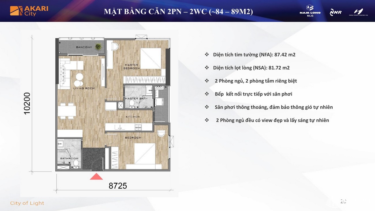 Thiết kế căn hộ 2PN - 2WC diện tích 84-89m²