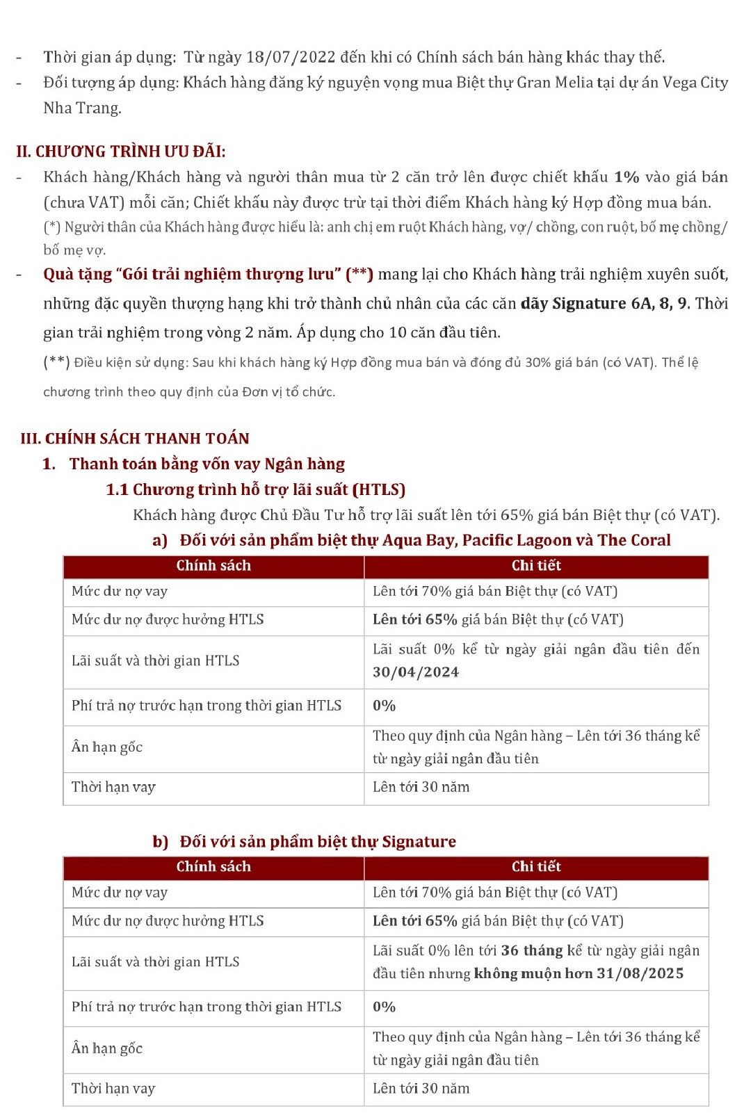 Chính sách ưu đãi phân khu Villas - Gran Melia