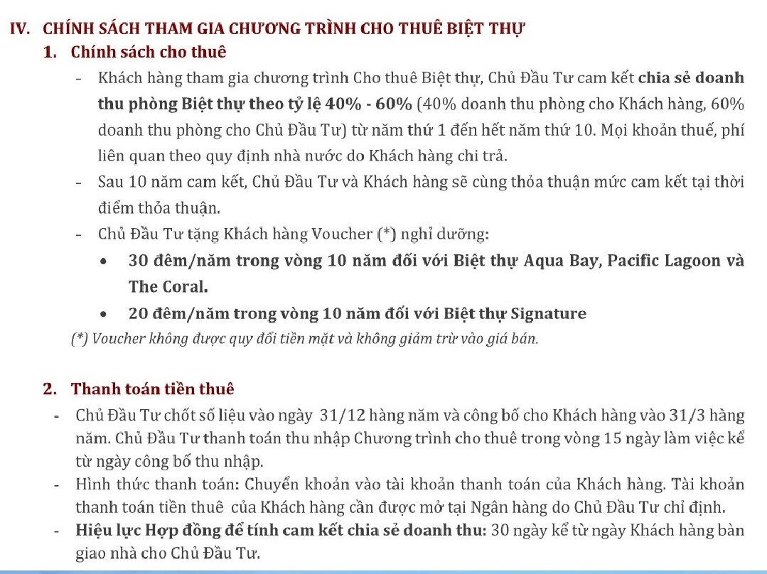 Chính sách cho thuê phân khu Villas - Gran Melia