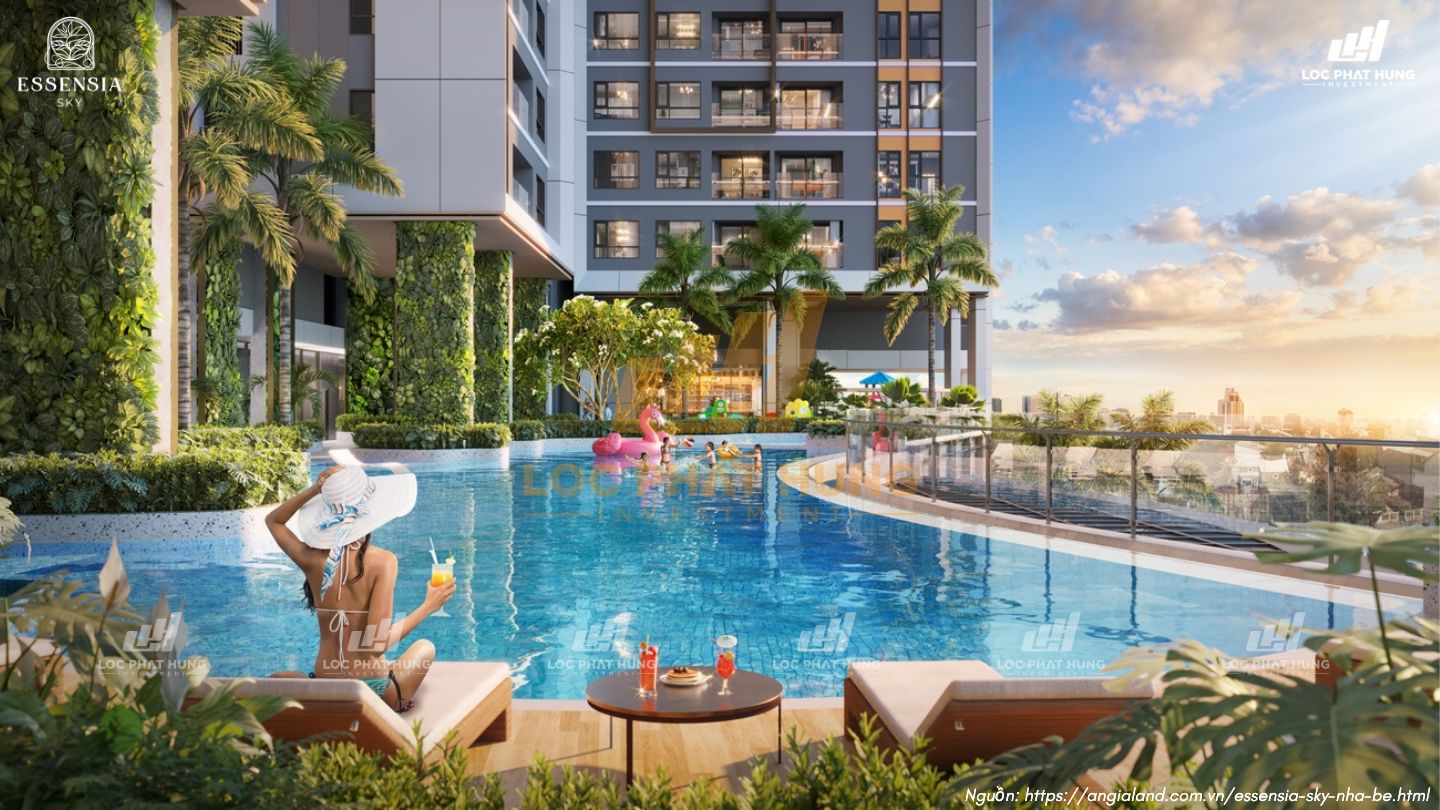 Phối cảnh hồ bơi tại tầng 03 căn hộ chung cư Essensia Sky Phú Long Nhà Bè