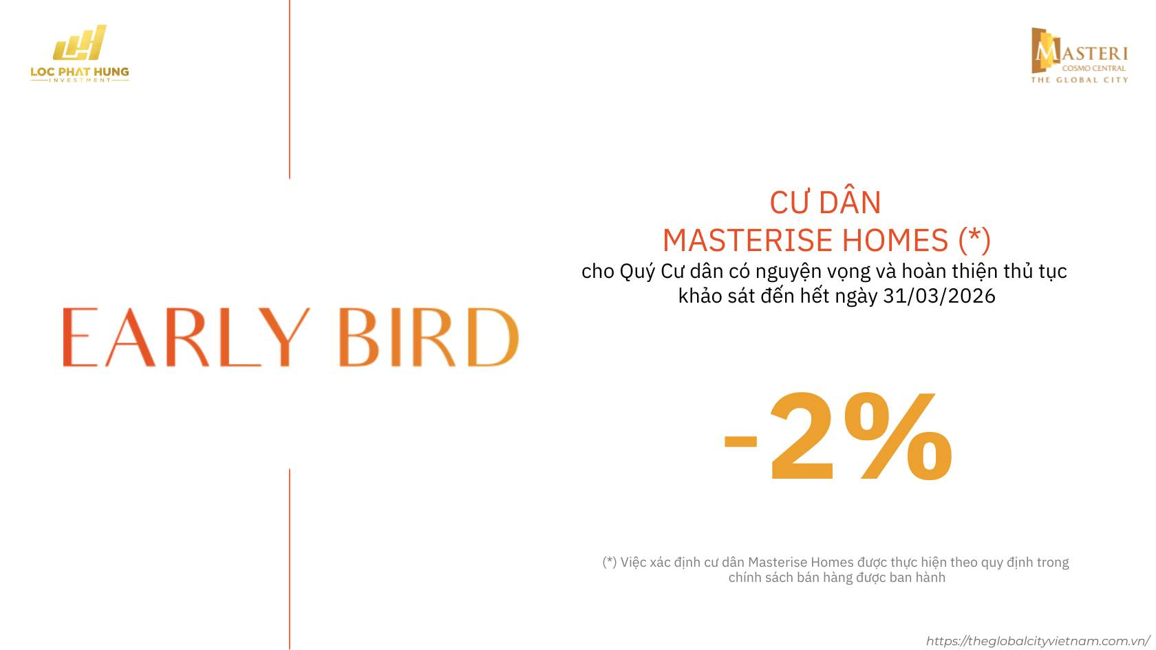 Chính sách ưu đãi đặc biệt chiết khấu 2% dành cho cư dân Masterise Homes tại Masteri Cosmo Central