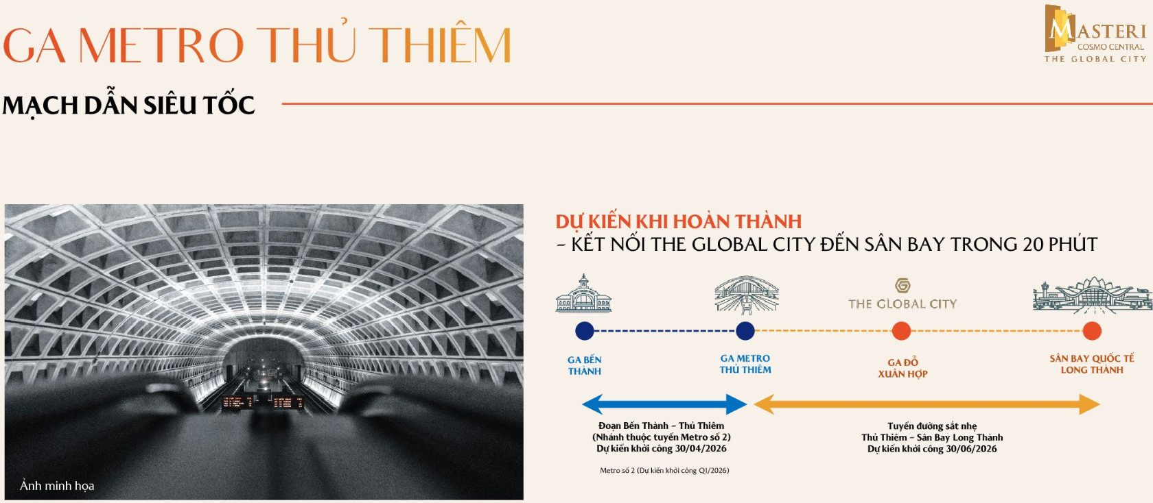 Ga Metro Thủ Thiêm và tuyến đường sắt nhẹ giúp di chuyển từ The Global City đến sân bay trong 20 phút