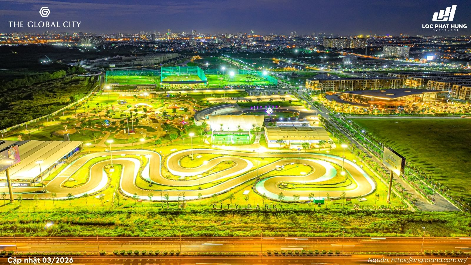 Hình ảnh thực tế tiện ích City Park 03/2026 về đêm lung linh tại The Global City