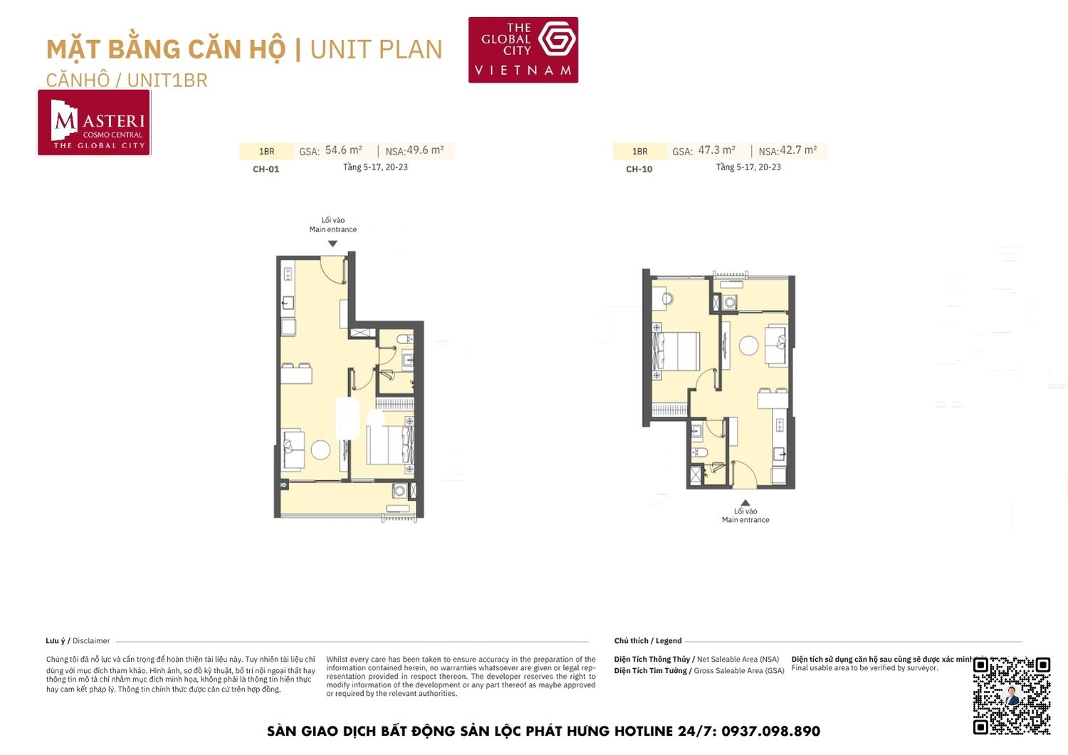 Mặt bằng chi tiết căn hộ 1 phòng ngủ diện tích 42.7m2 - 49.6m2 Masteri Cosmo Central The Global City Quận 2