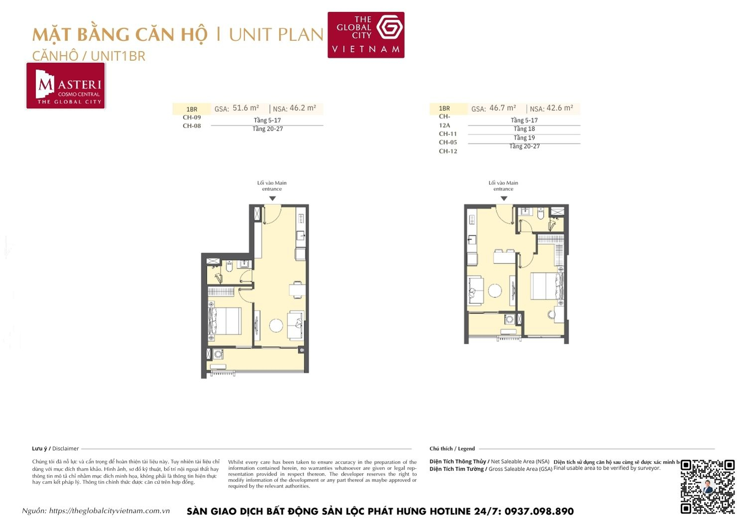 Mặt bằng chi tiết căn hộ 1 phòng ngủ (1PN) diện tích 51.6m² và 46.7m² dự án Masteri Cosmo Central The Global City Quận 2