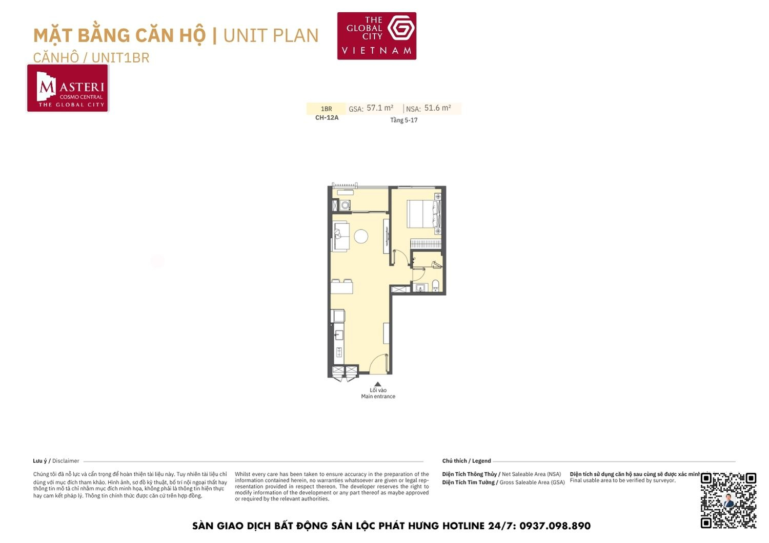 Mặt bằng chi tiết căn hộ 1 phòng ngủ diện tích 51.6m2 Masteri Cosmo Central The Global City Quận 2