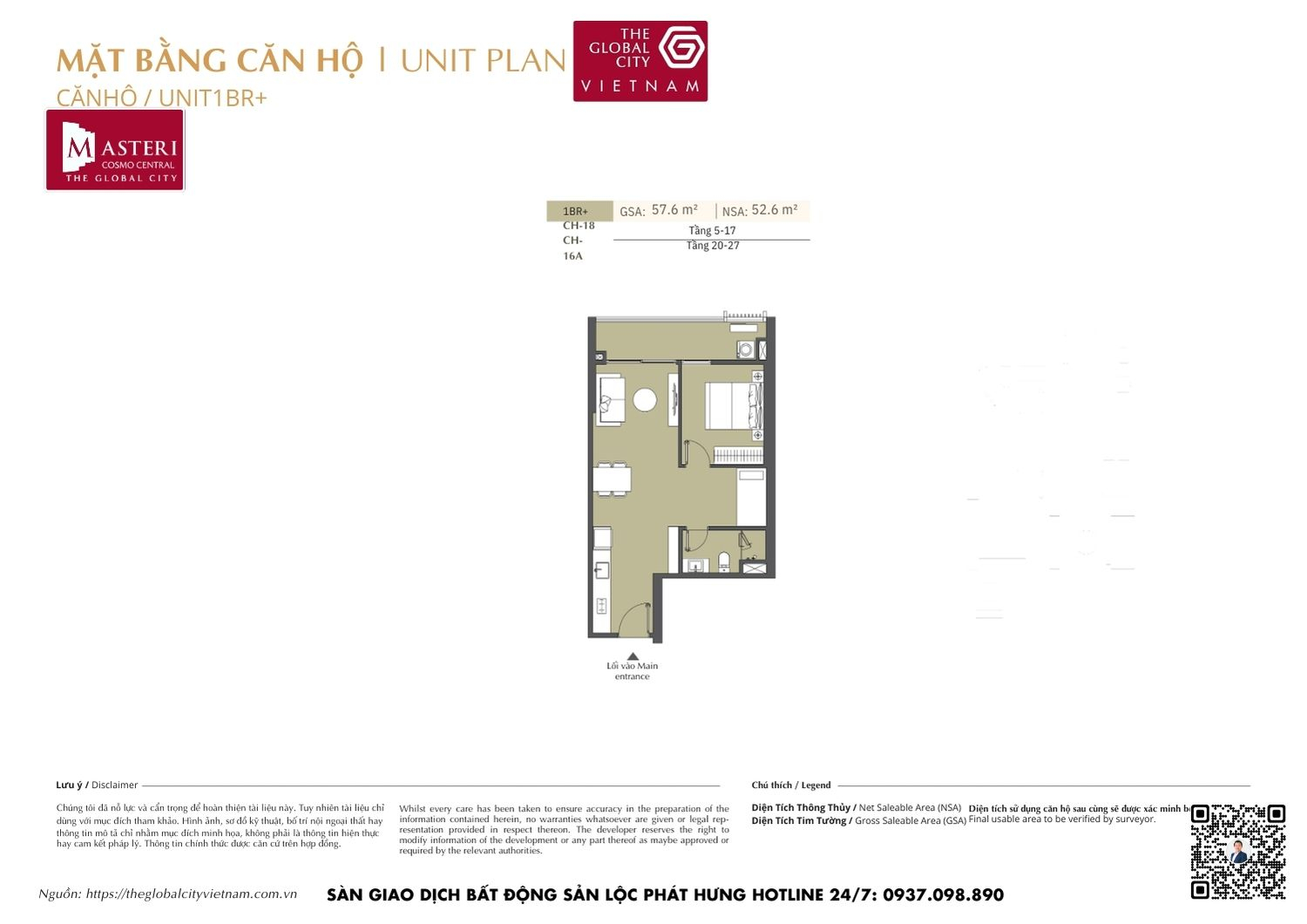 Mặt bằng chi tiết căn hộ 1 phòng ngủ cộng (1PN+) diện tích 57.6m² dự án Masteri Cosmo Central The Global City Quận 2
