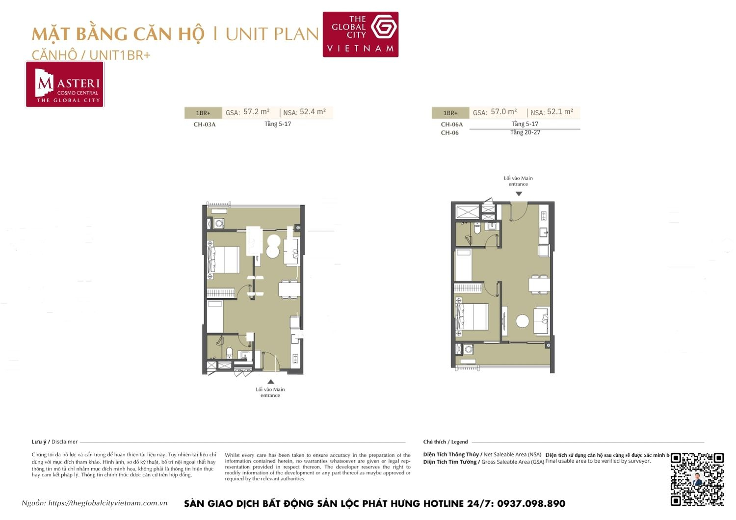 Mặt bằng chi tiết căn hộ 1 phòng ngủ cộng (1PN+) diện tích 57.2m² và 57.0m² dự án Masteri Cosmo Central The Global City Quận 2