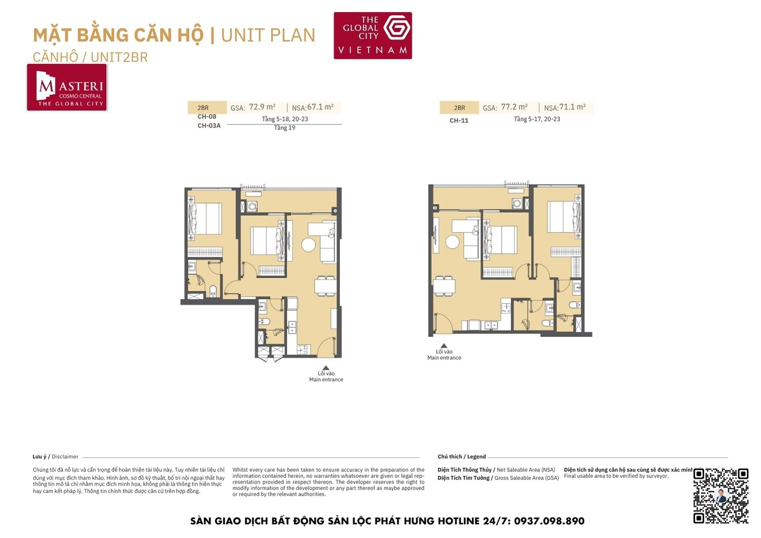 Mặt bằng chi tiết căn hộ 2 phòng ngủ diện tích 67.1m2 - 71.1m2 Masteri Cosmo Central The Global City Quận 2