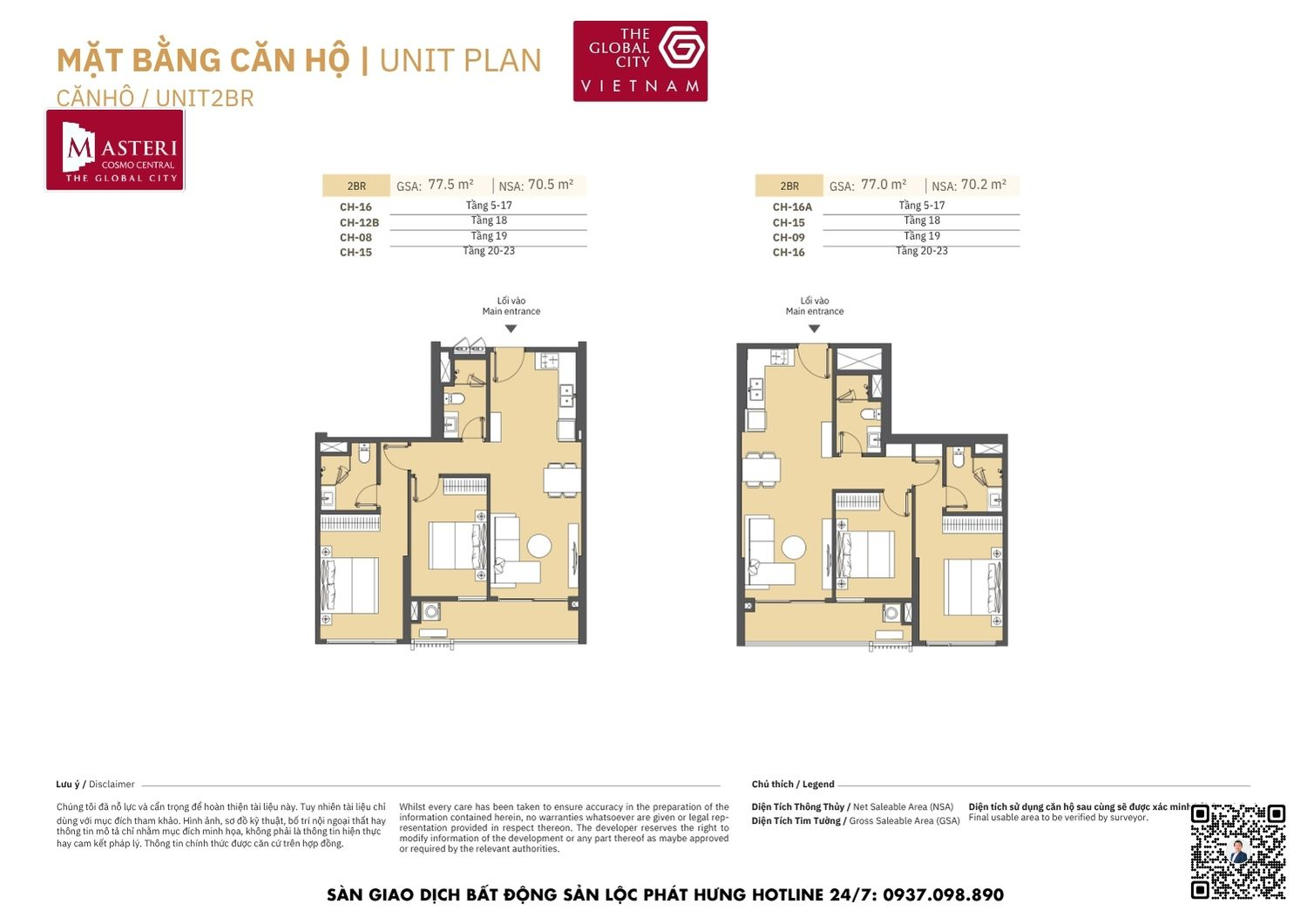 Mặt bằng chi tiết căn hộ 2 phòng ngủ diện tích 70.2m2 - 70.5m2 Masteri Cosmo Central The Global City Quận 2