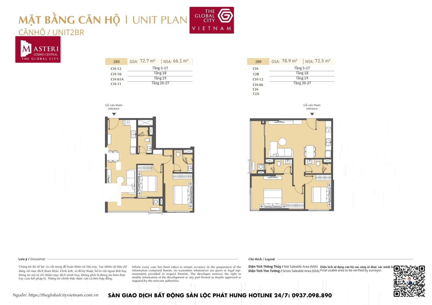 Mặt bằng chi tiết căn hộ 2 phòng ngủ (2PN) diện tích 72.7m² và 78.9m² dự án Masteri Cosmo Central The Global City Quận 2