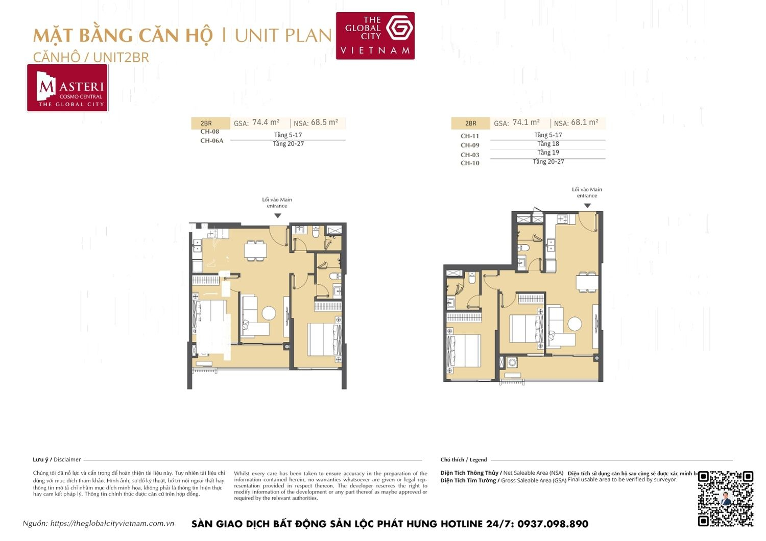 Mặt bằng chi tiết căn hộ 2 phòng ngủ (2PN) diện tích 74.4m² và 74.1m² dự án Masteri Cosmo Central The Global City Quận 2