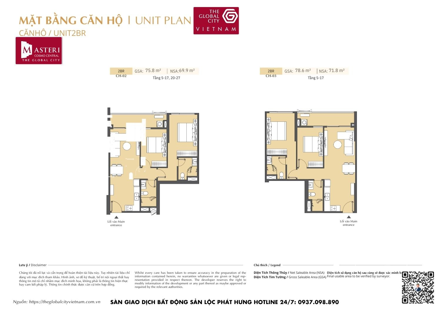 Mặt bằng căn hộ 2 phòng ngủ 75m2-78m2 Masteri Cosmo Central The Global City