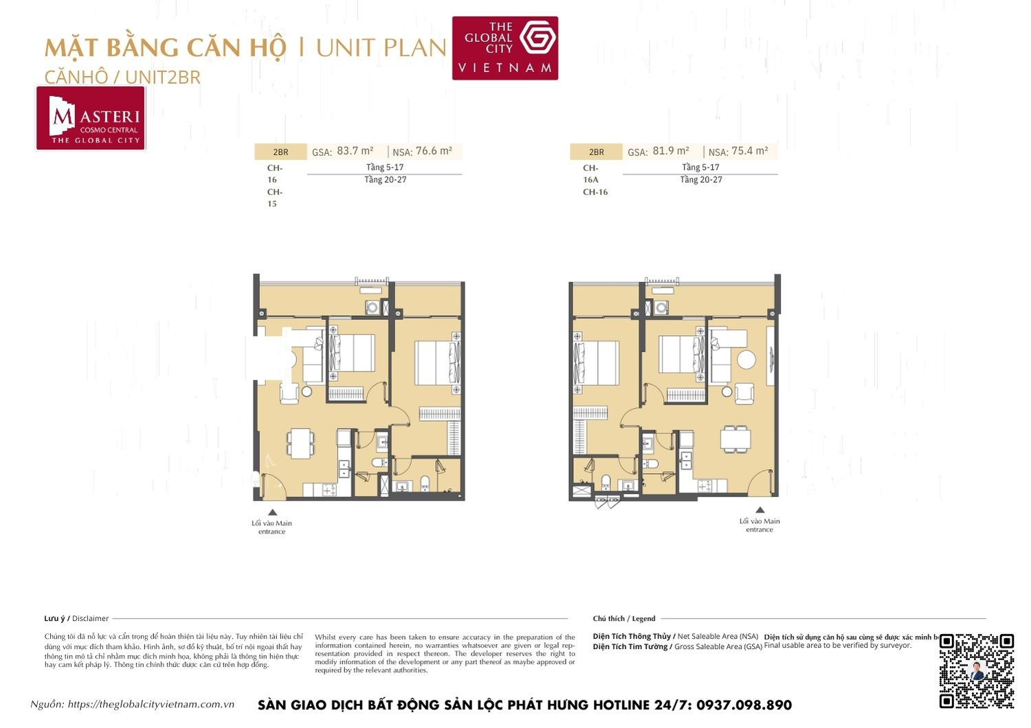 Mặt bằng chi tiết căn hộ 2 phòng ngủ (2PN) diện tích 83.7m² và 81.9m² dự án Masteri Cosmo Central The Global City Quận 2