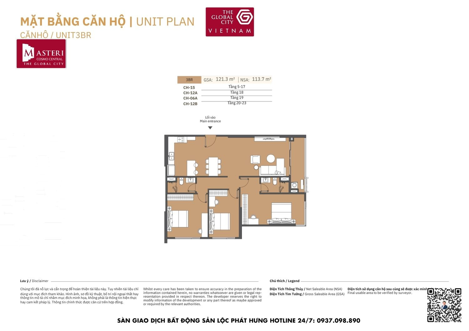 Mặt bằng chi tiết căn hộ 3 phòng ngủ diện tích 113.7m2 Masteri Cosmo Central The Global City Quận 2
