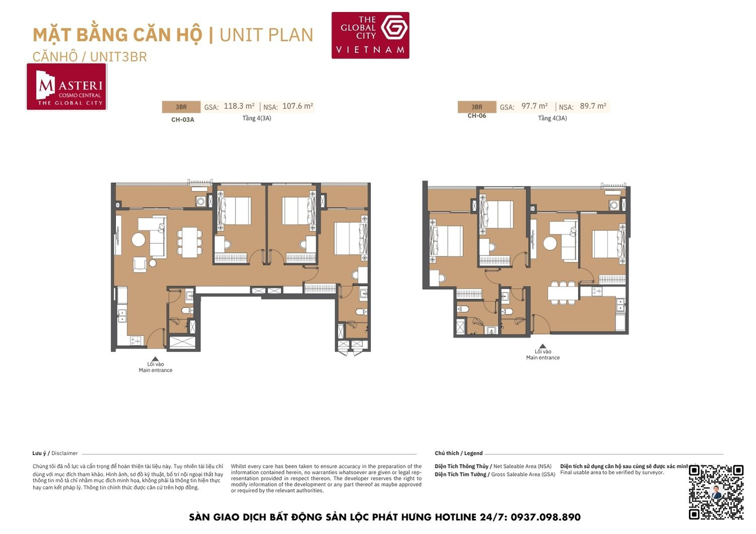Mặt bằng chi tiết căn hộ 3 phòng ngủ diện tích 89.7m2 - 107.6m2 Masteri Cosmo Central The Global City Quận 2