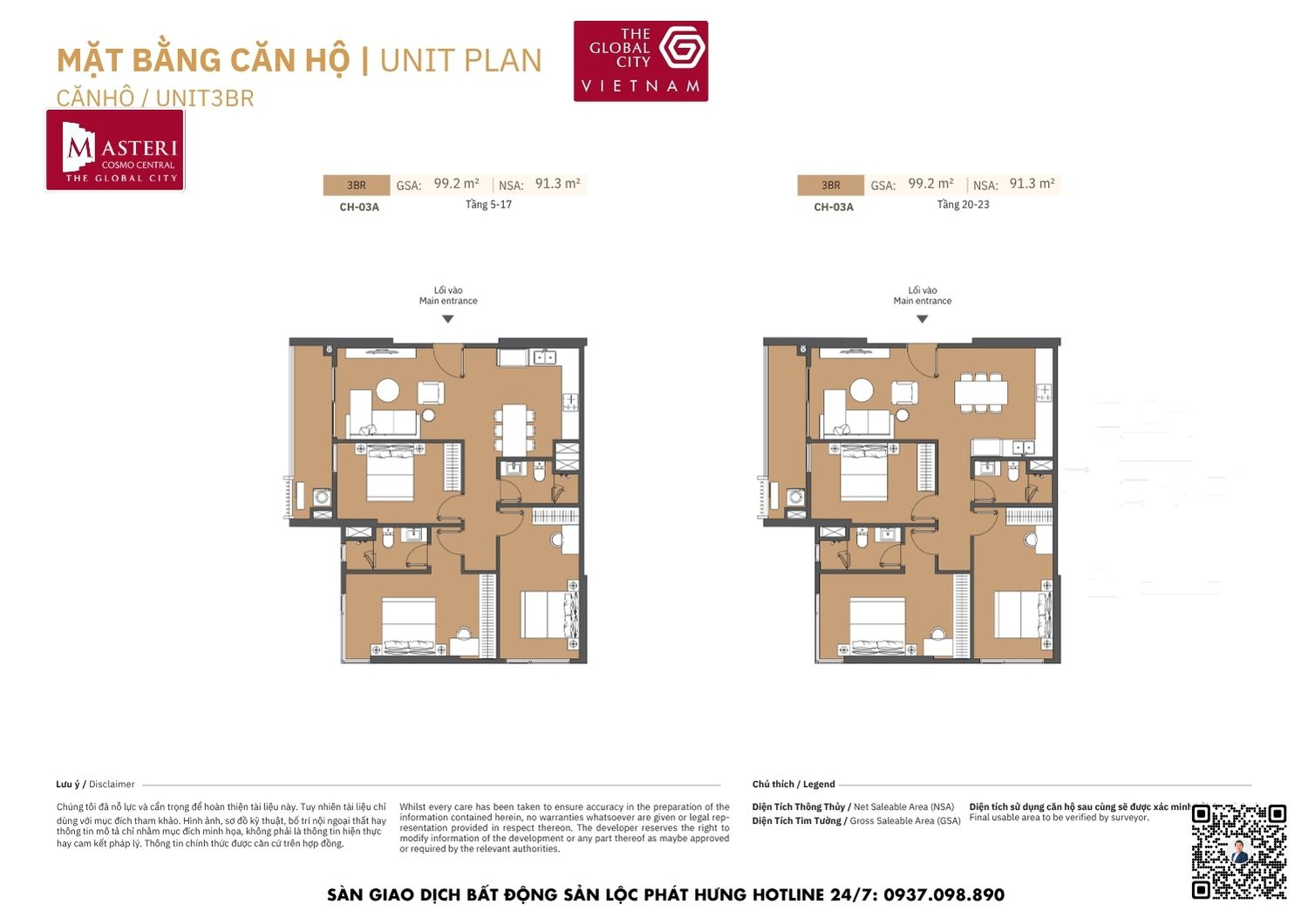Mặt bằng chi tiết căn hộ 3 phòng ngủ diện tích 91.3m2 Masteri Cosmo Central The Global City Quận 2
