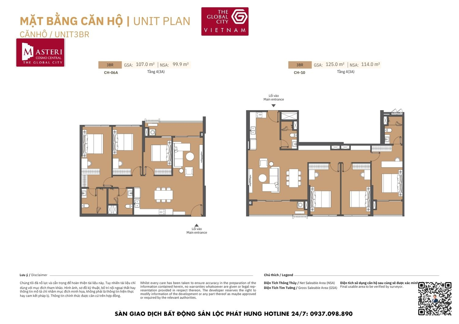 Mặt bằng chi tiết căn hộ 3 phòng ngủ diện tích 99.9m2 - 114.0m2 Masteri Cosmo Central The Global City Quận 2