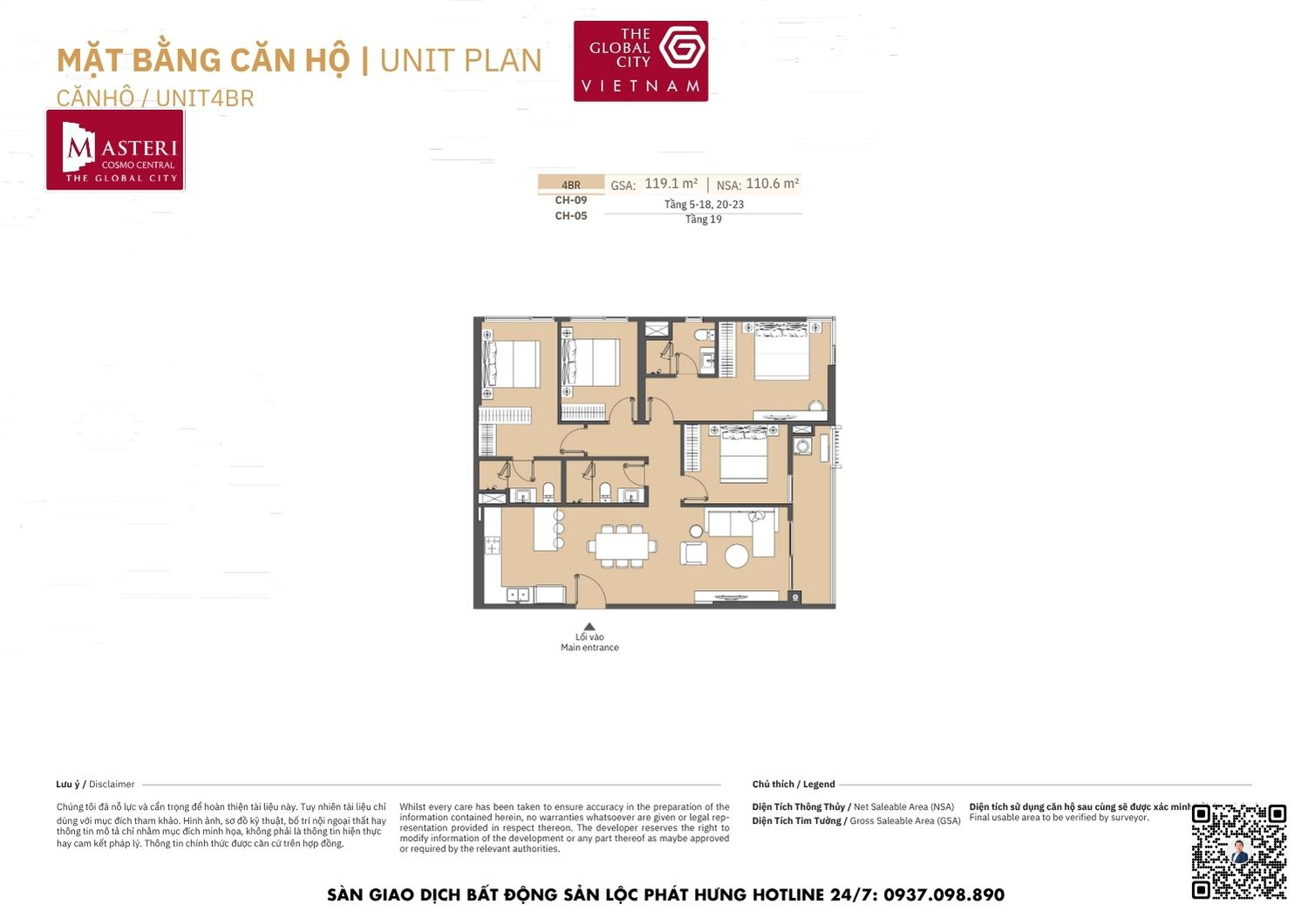 Mặt bằng chi tiết căn hộ 4 phòng ngủ diện tích 128.2m2 - 131.3m2 Masteri Cosmo Central The Global City Quận 2