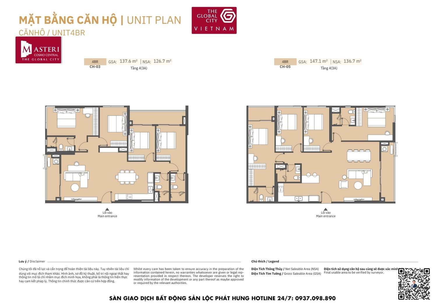 Mặt bằng chi tiết căn hộ 4 phòng ngủ diện tích 126.7m2 - 136.7m2 Masteri Cosmo Central The Global City Quận 2