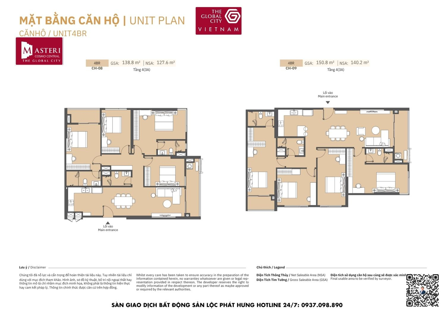 Mặt bằng chi tiết căn hộ 4 phòng ngủ diện tích 127.6m2 - 140.2m2 Masteri Cosmo Central The Global City Quận 2