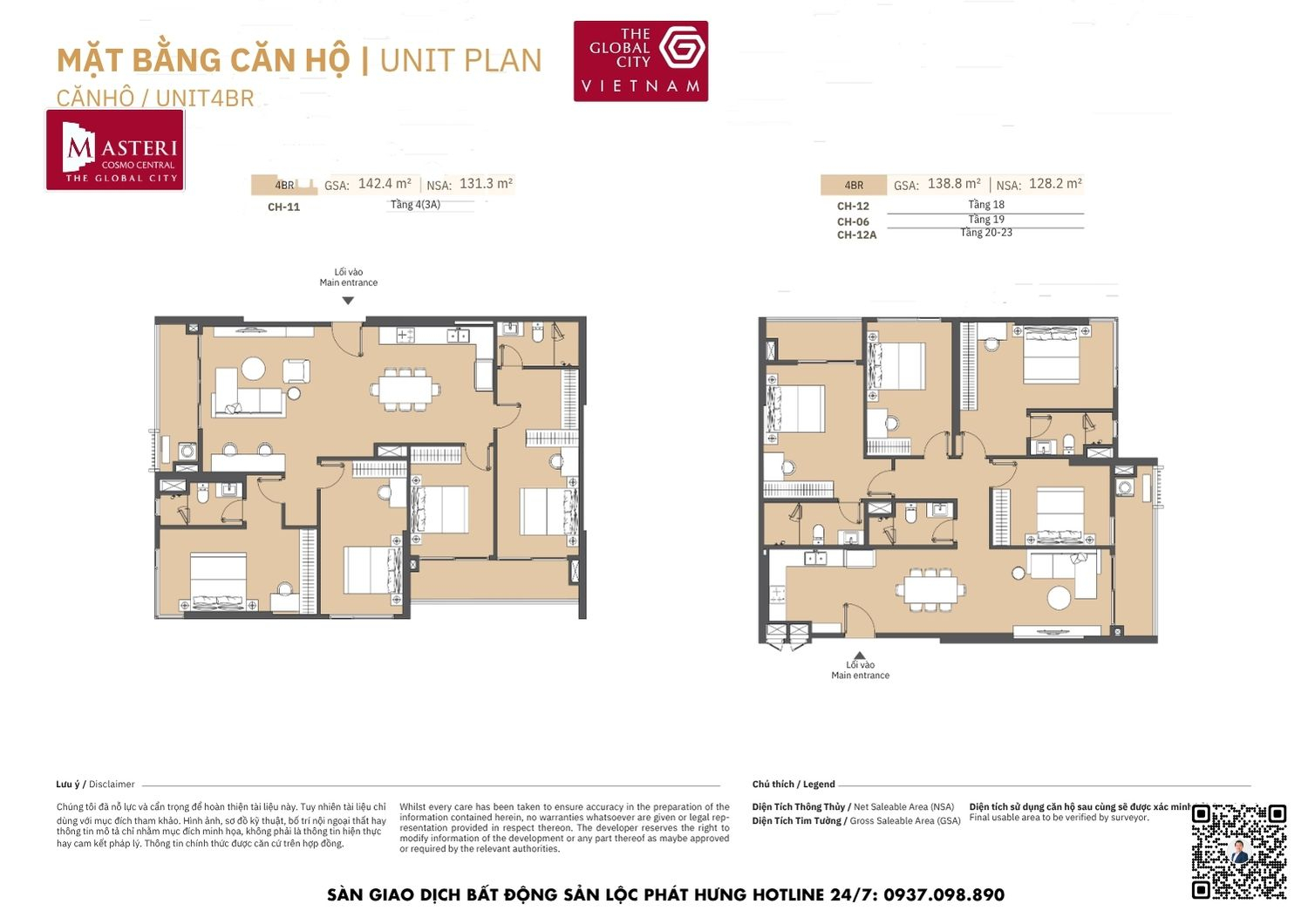 Mặt bằng chi tiết căn hộ 4 phòng ngủ diện tích 128.2m2 - 131.3m2 Masteri Cosmo Central The Global City Quận 2