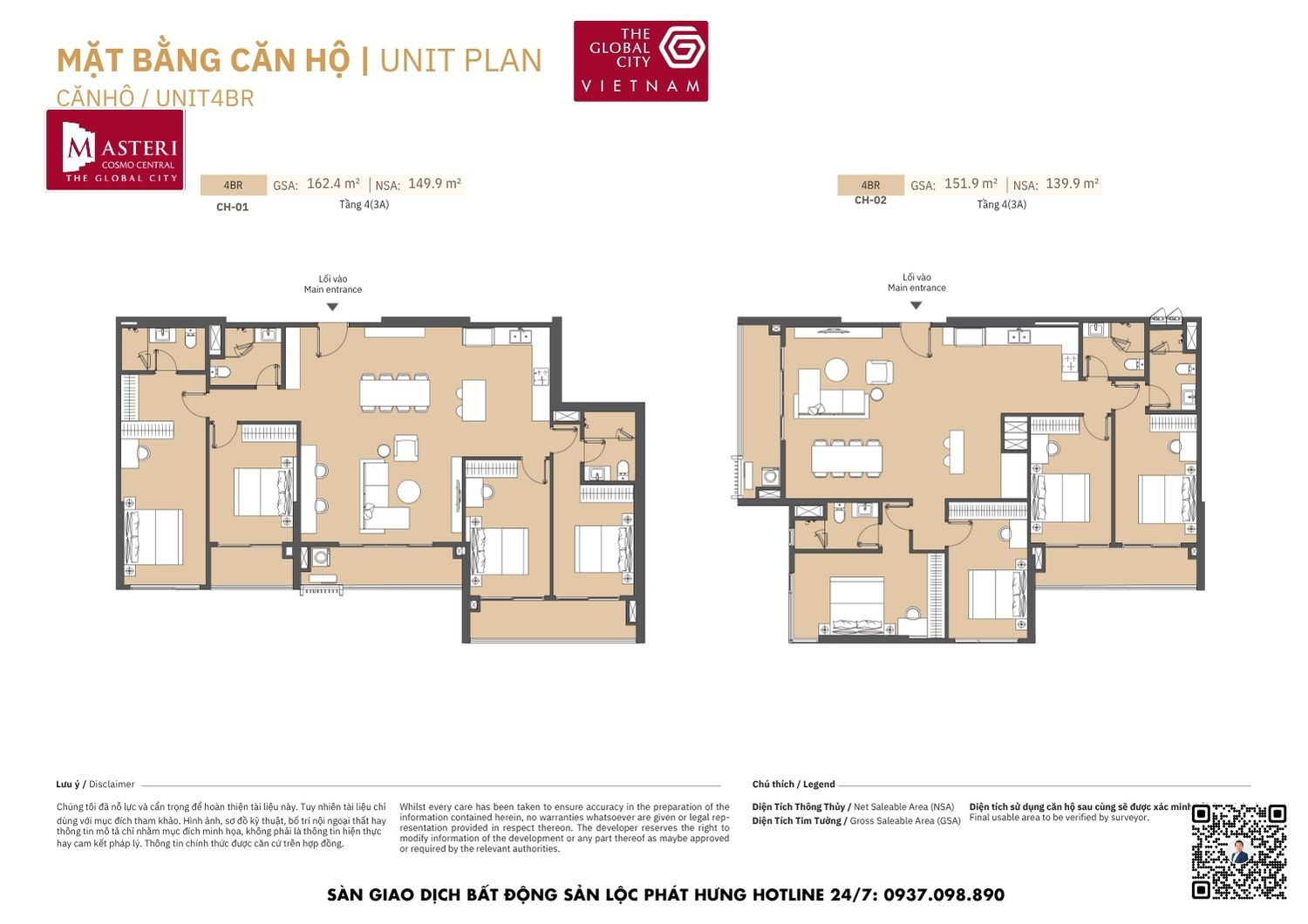 Mặt bằng chi tiết căn hộ 4 phòng ngủ diện tích 139.9m2 - 149.9m2 Masteri Cosmo Central The Global City Quận 2