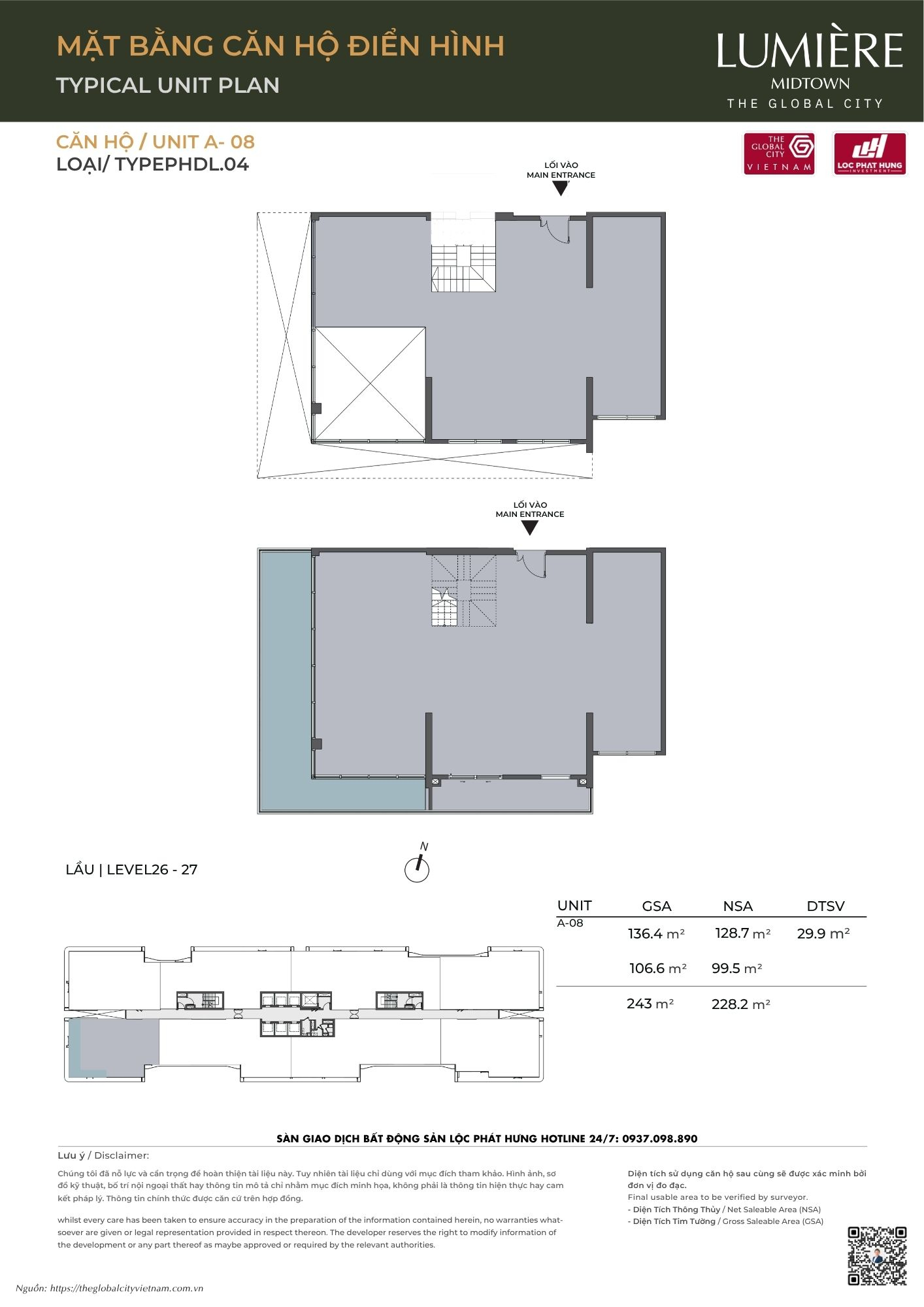 Mặt bằng căn hộ điển hình Tháp A Lumière Midtown - The Global City