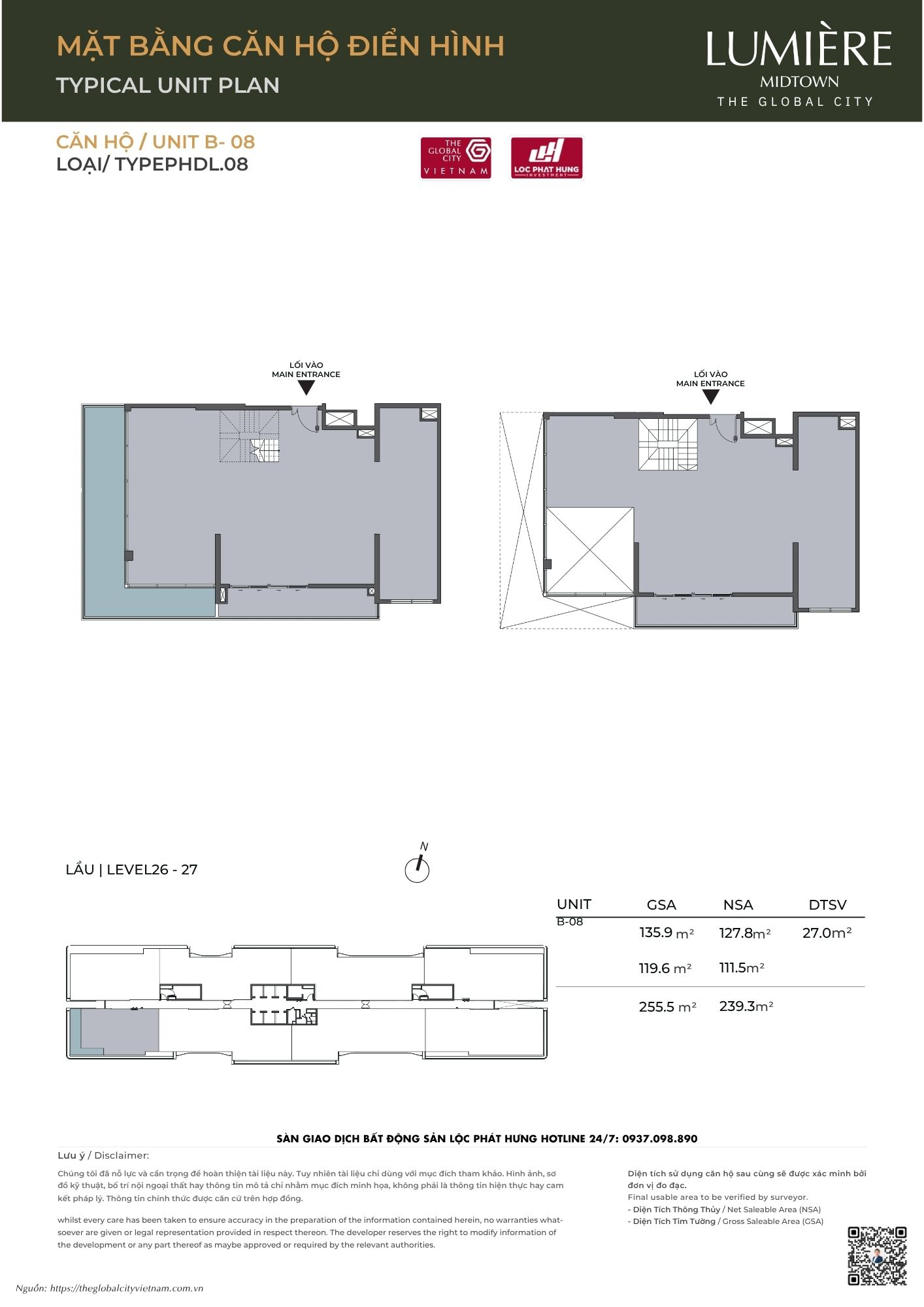 Mặt bằng căn hộ điển hình Tháp B Lumière Midtown - The Global City