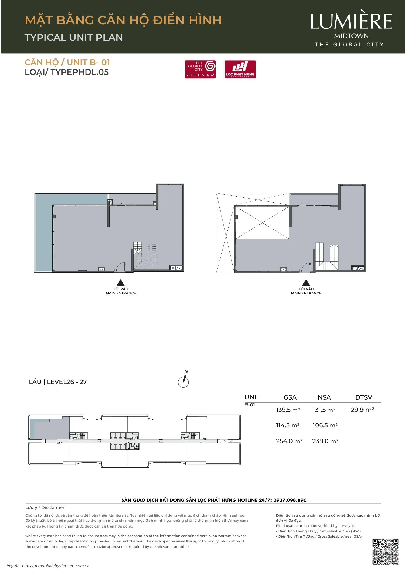 Mặt bằng căn hộ điển hình Tháp B Lumière Midtown - The Global City