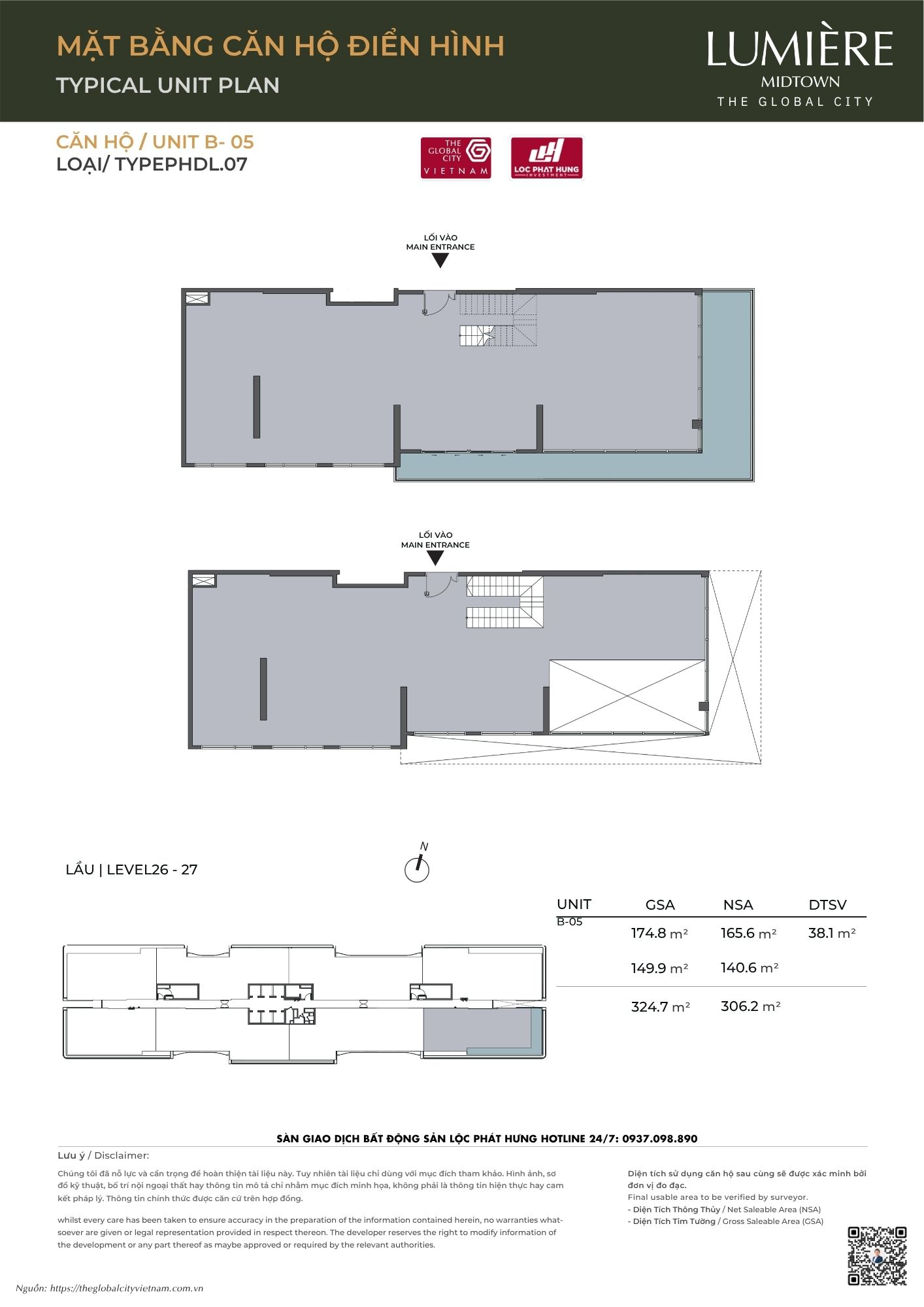 Mặt bằng căn hộ điển hình Tháp B Lumière Midtown - The Global City