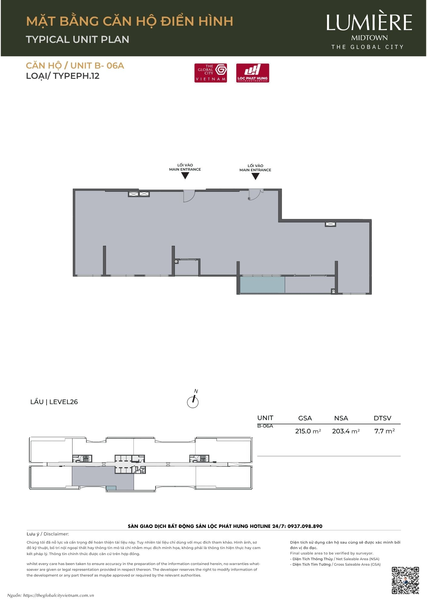 Mặt bằng căn hộ điển hình Tháp B Lumière Midtown - The Global City
