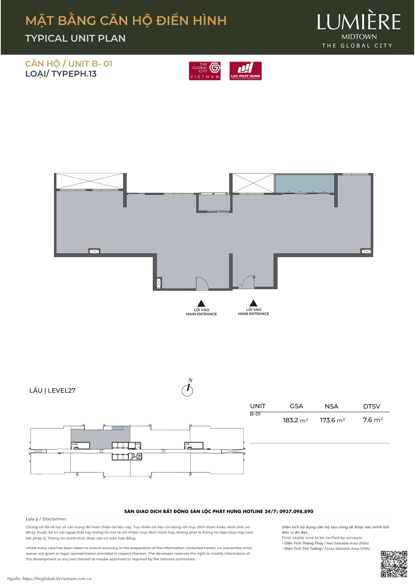 Mặt bằng căn hộ điển hình Tháp B Lumière Midtown - The Global City