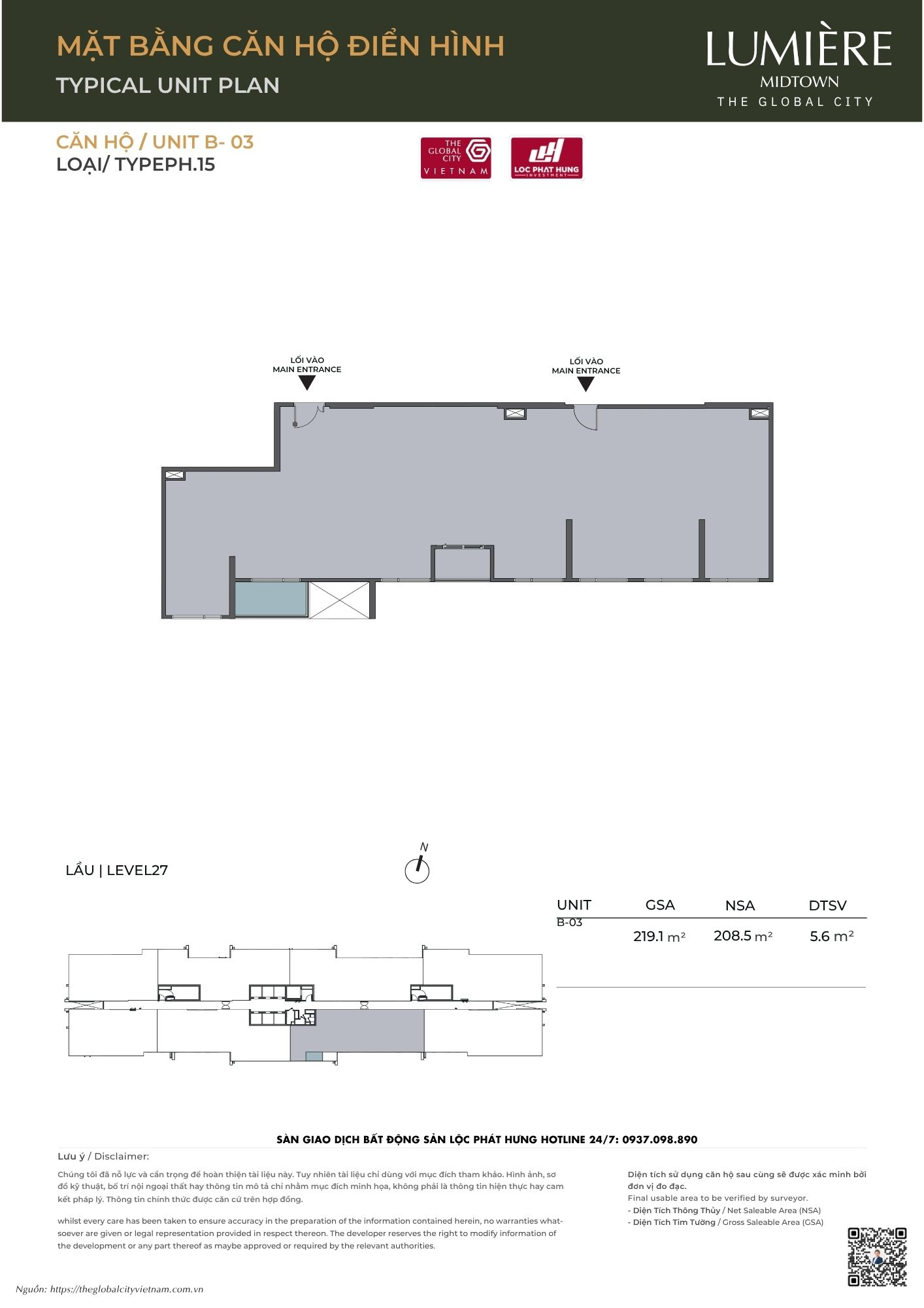 Mặt bằng căn hộ điển hình Tháp B Lumière Midtown - The Global City