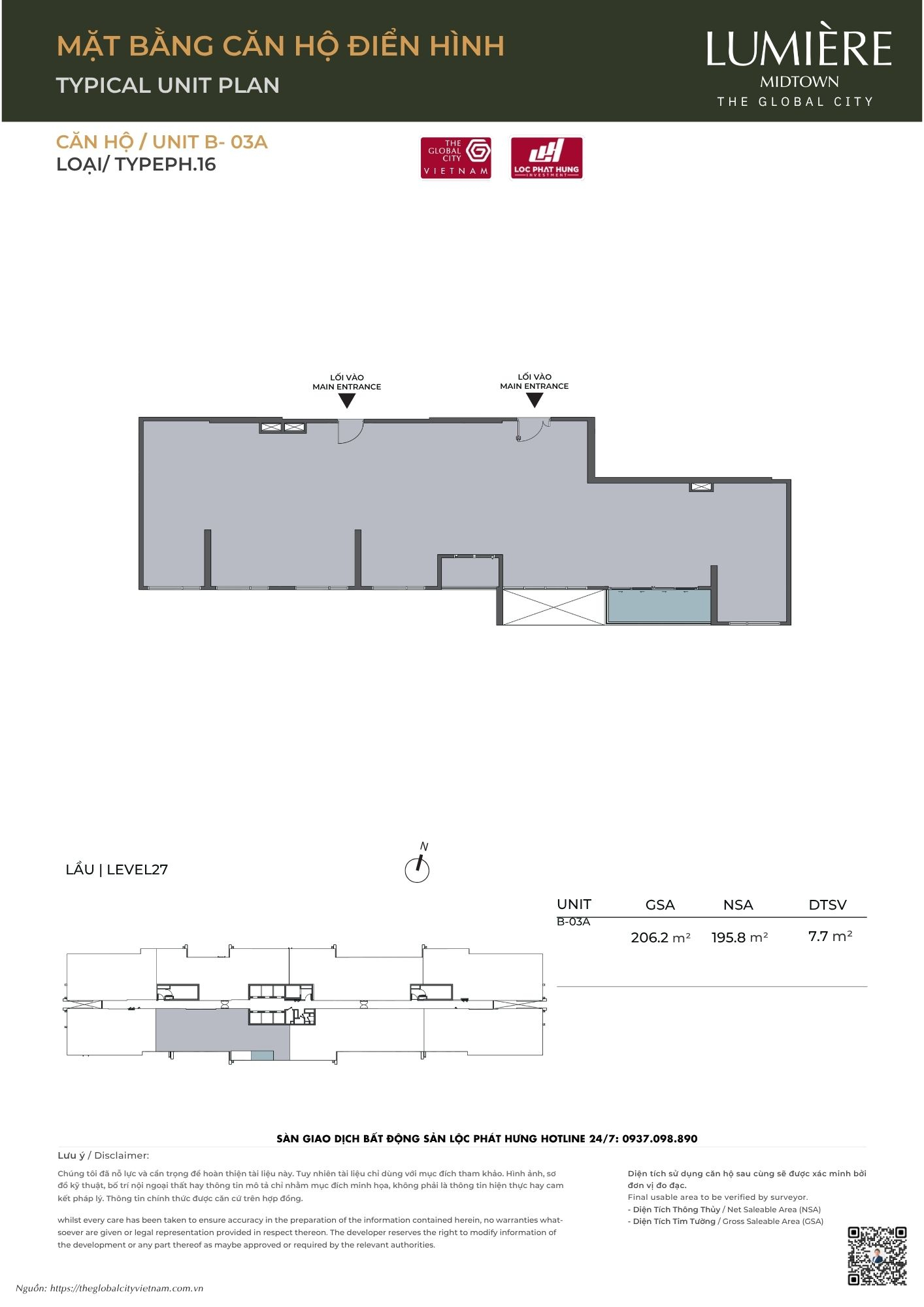 Mặt bằng căn hộ điển hình Tháp B Lumière Midtown - The Global City